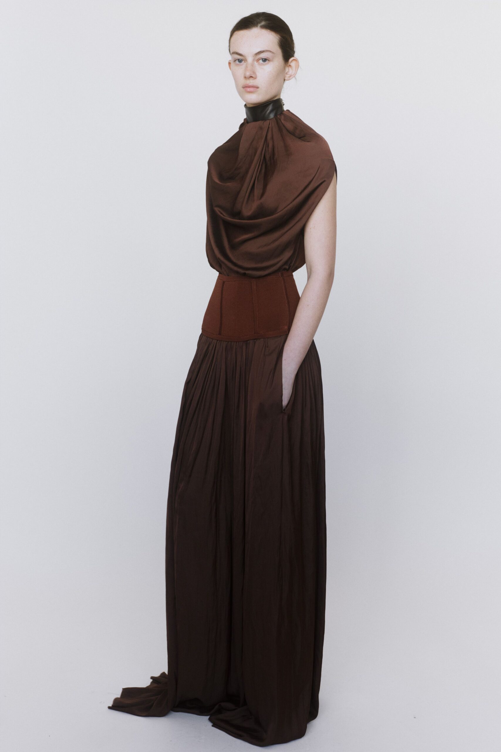 brown silk sleeveless gown