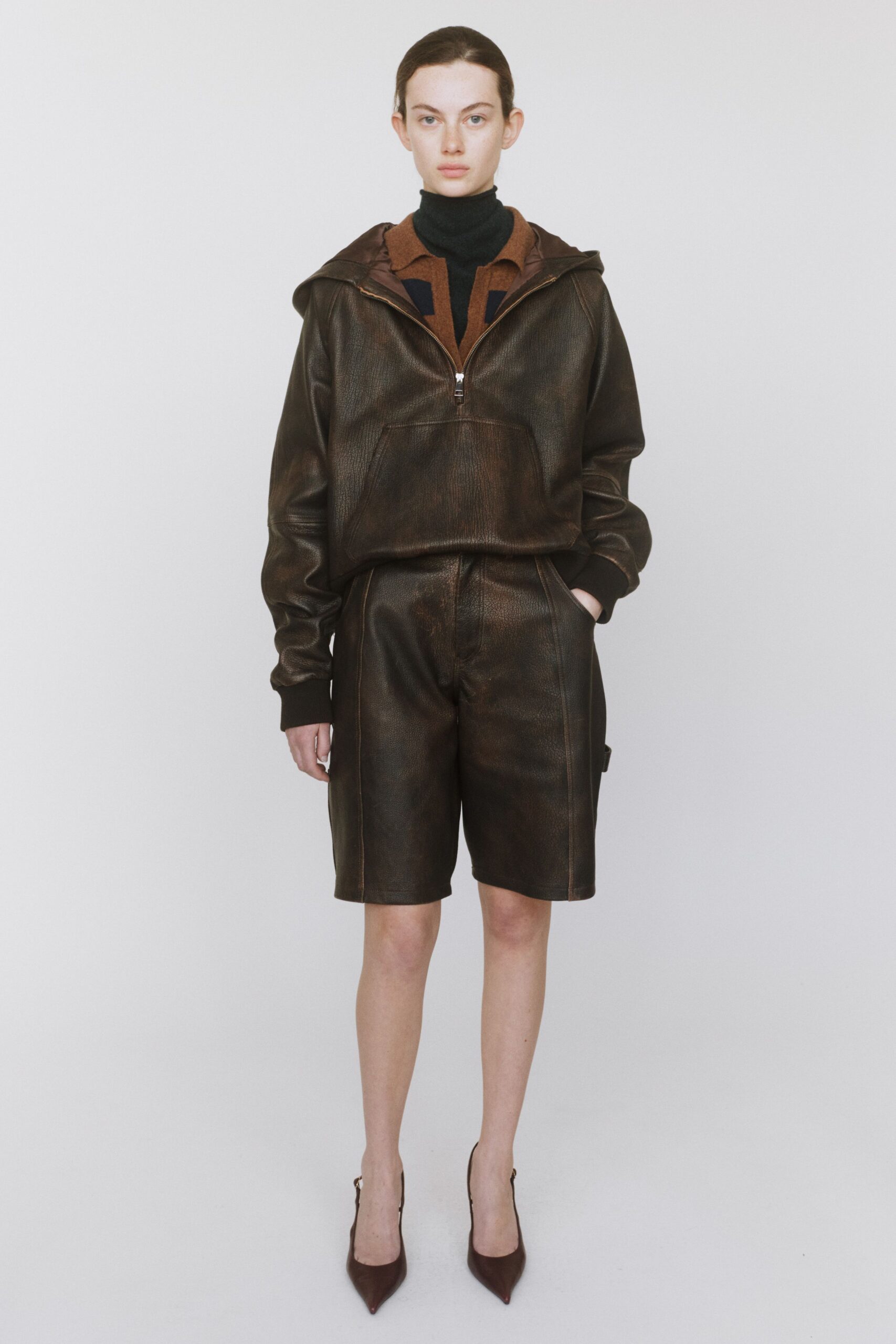 brown leather hoodie and shorts