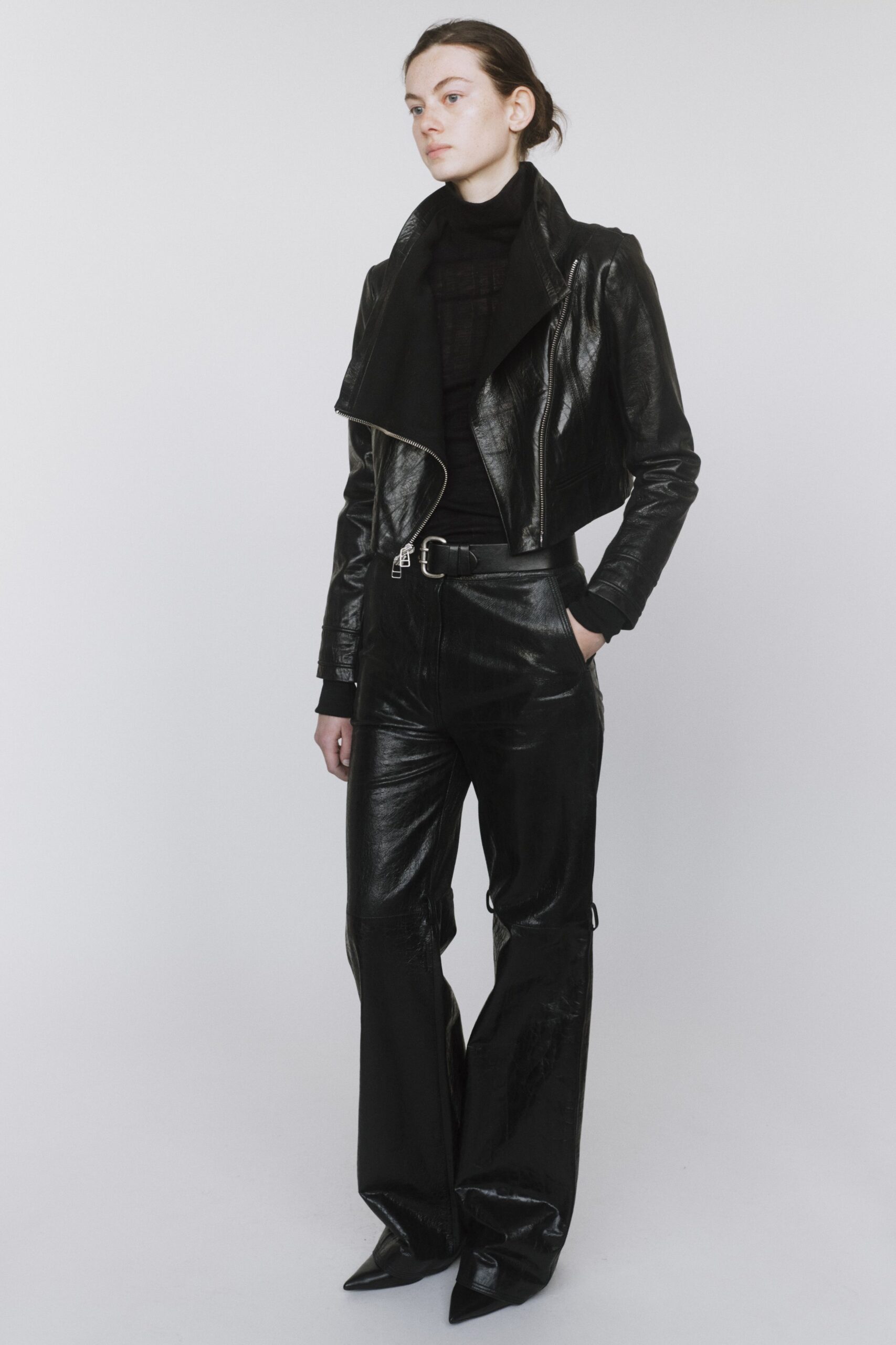 black leather fitted flared pants