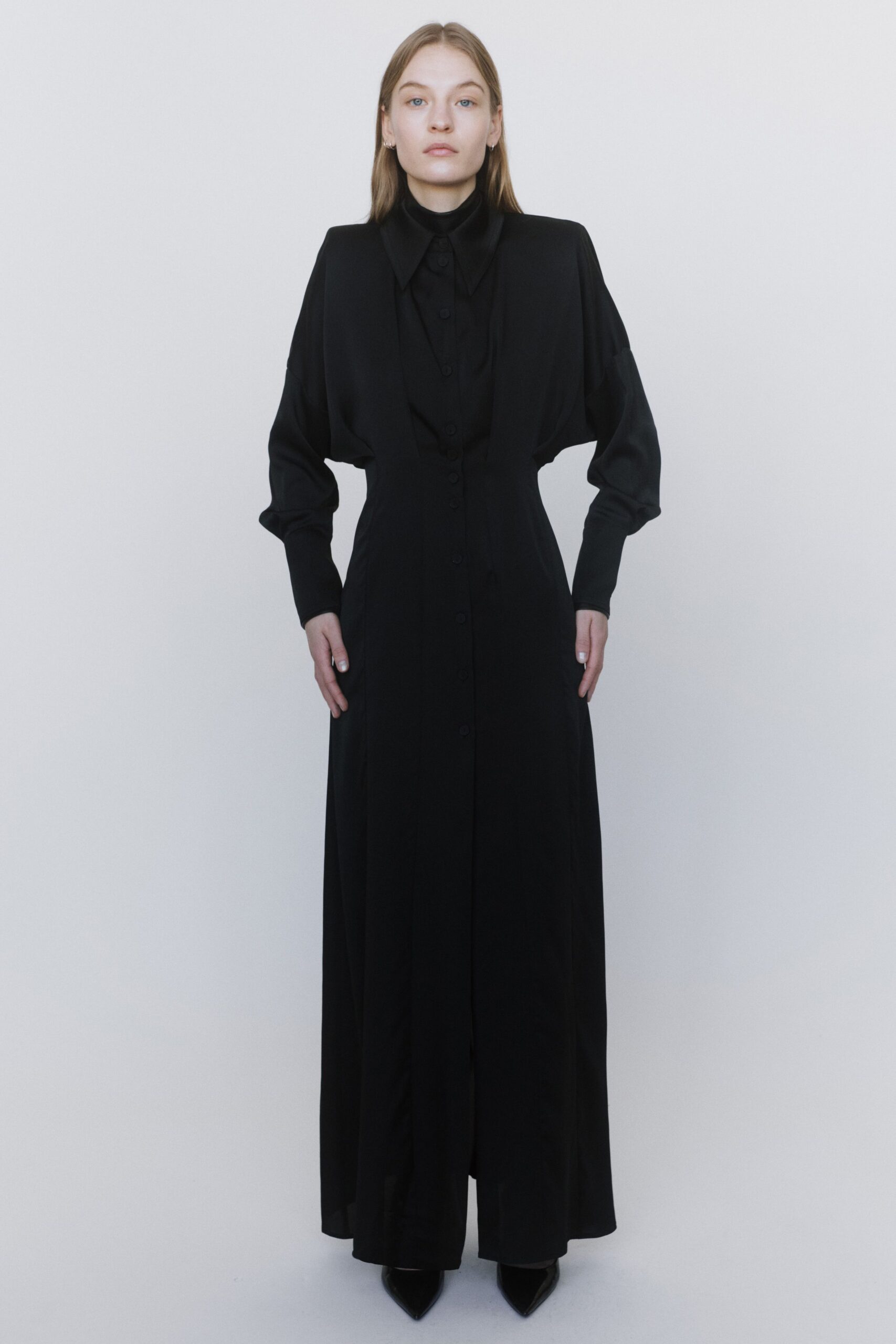 black silk long-sleeve collared fitted buttoned straight-leg dress
