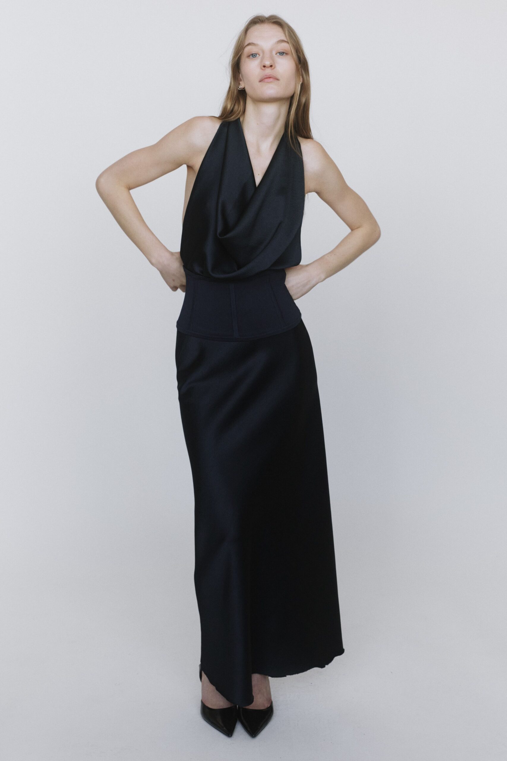 black silk sleeveless gown
