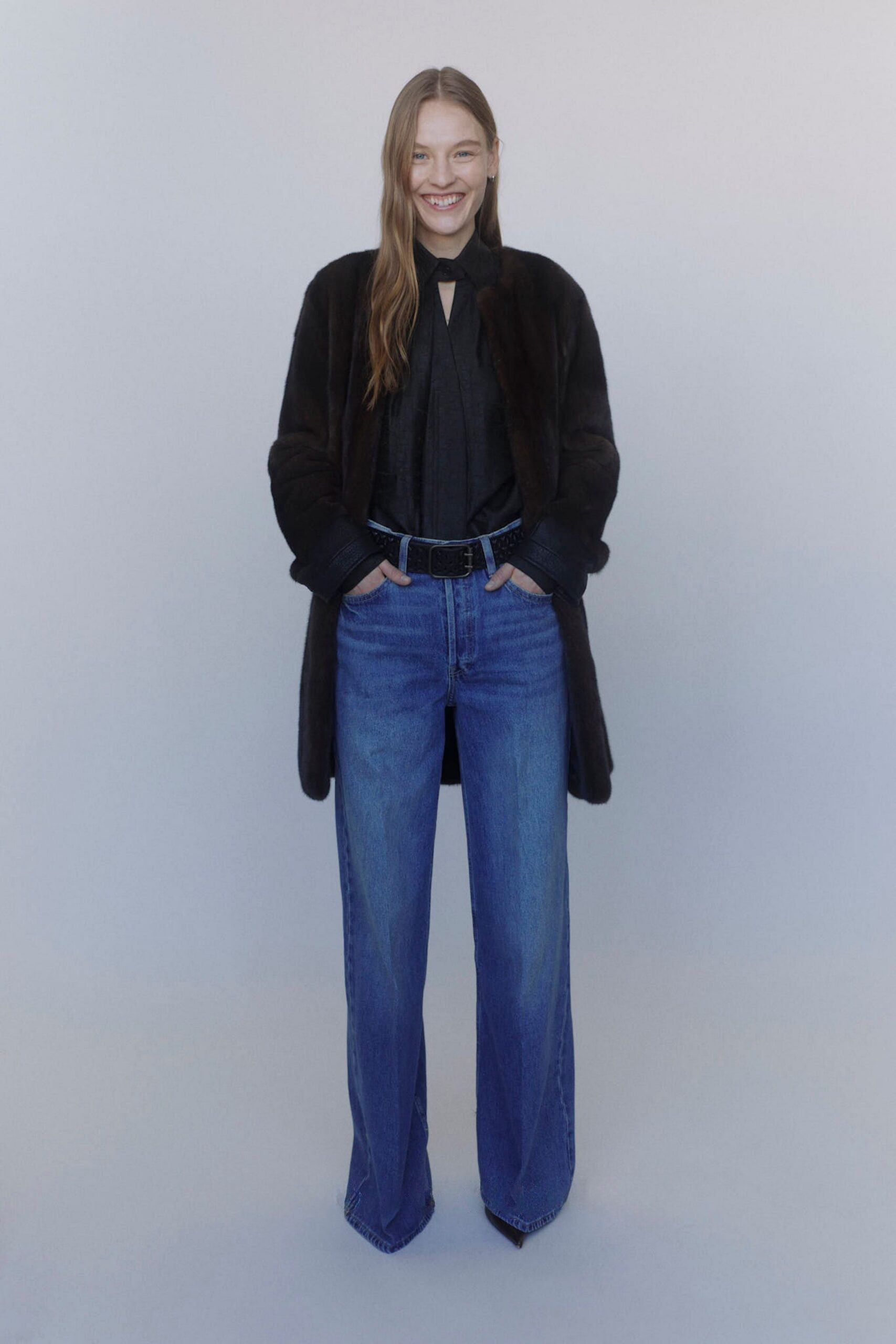 black silk long-sleeve v-neck fitted blouse