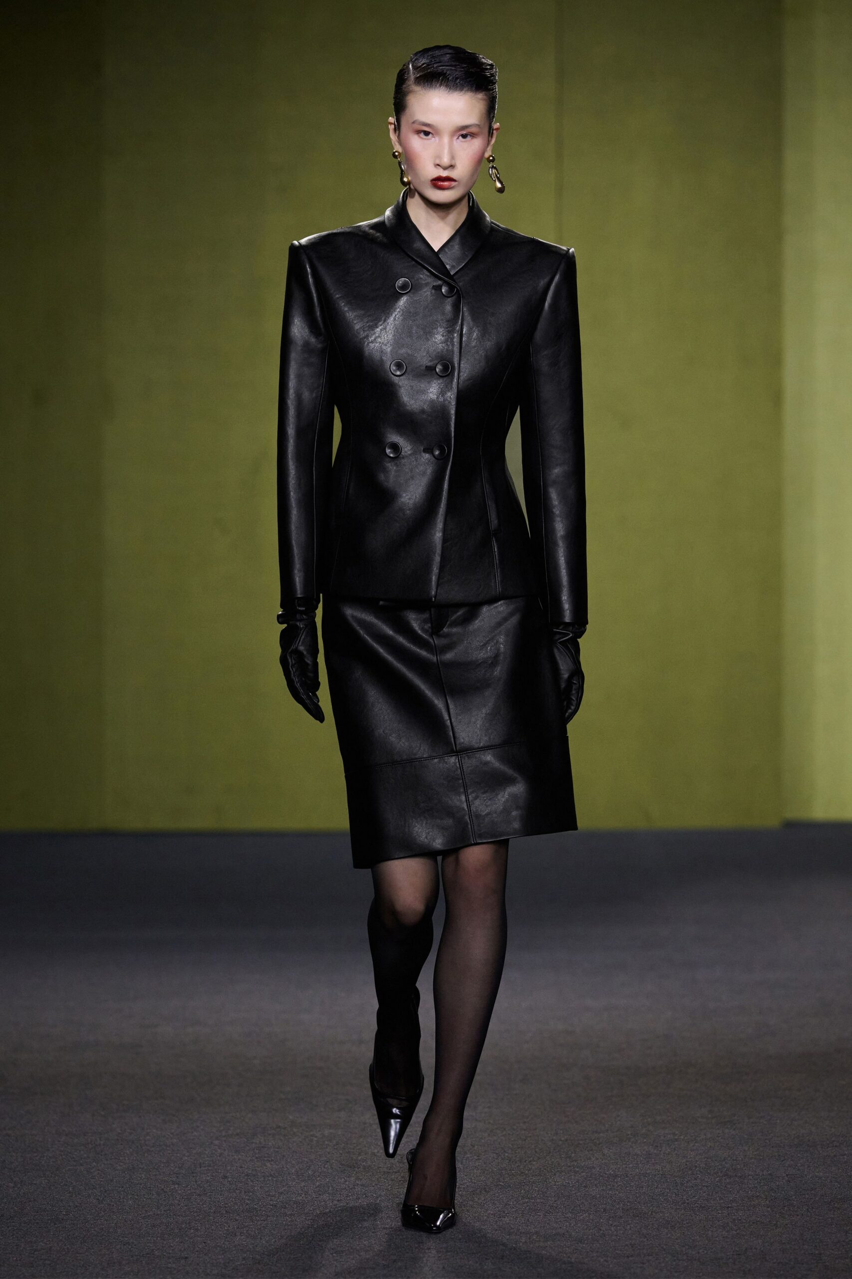 black leather long-sleeve collared structured blazer