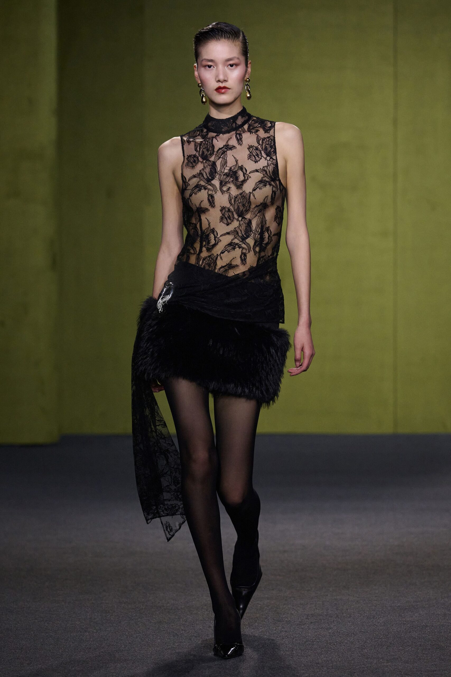 black lace sleeveless high-neck fitted embroidered top