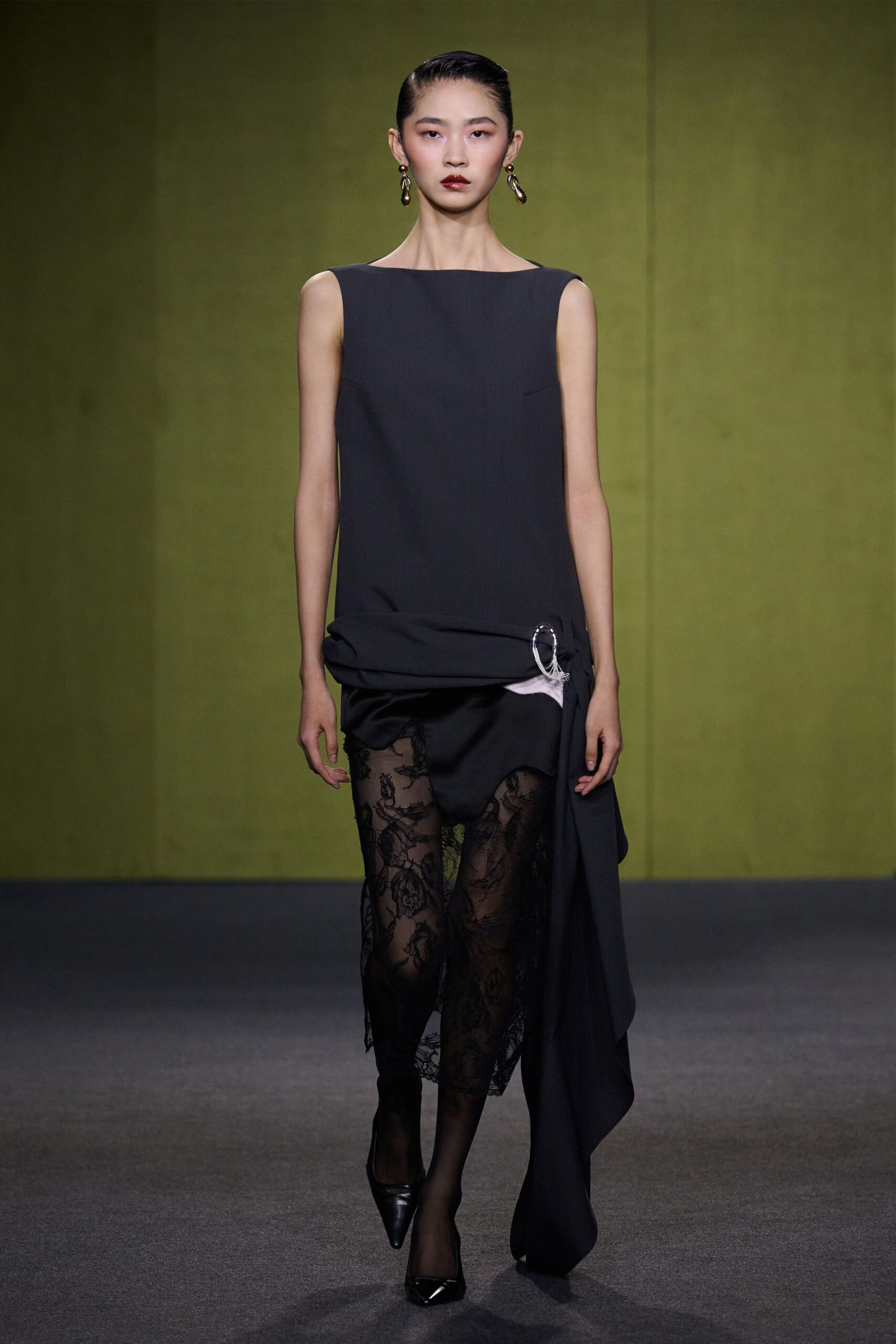 black silk sleeveless v-neck fitted layered ruched dress