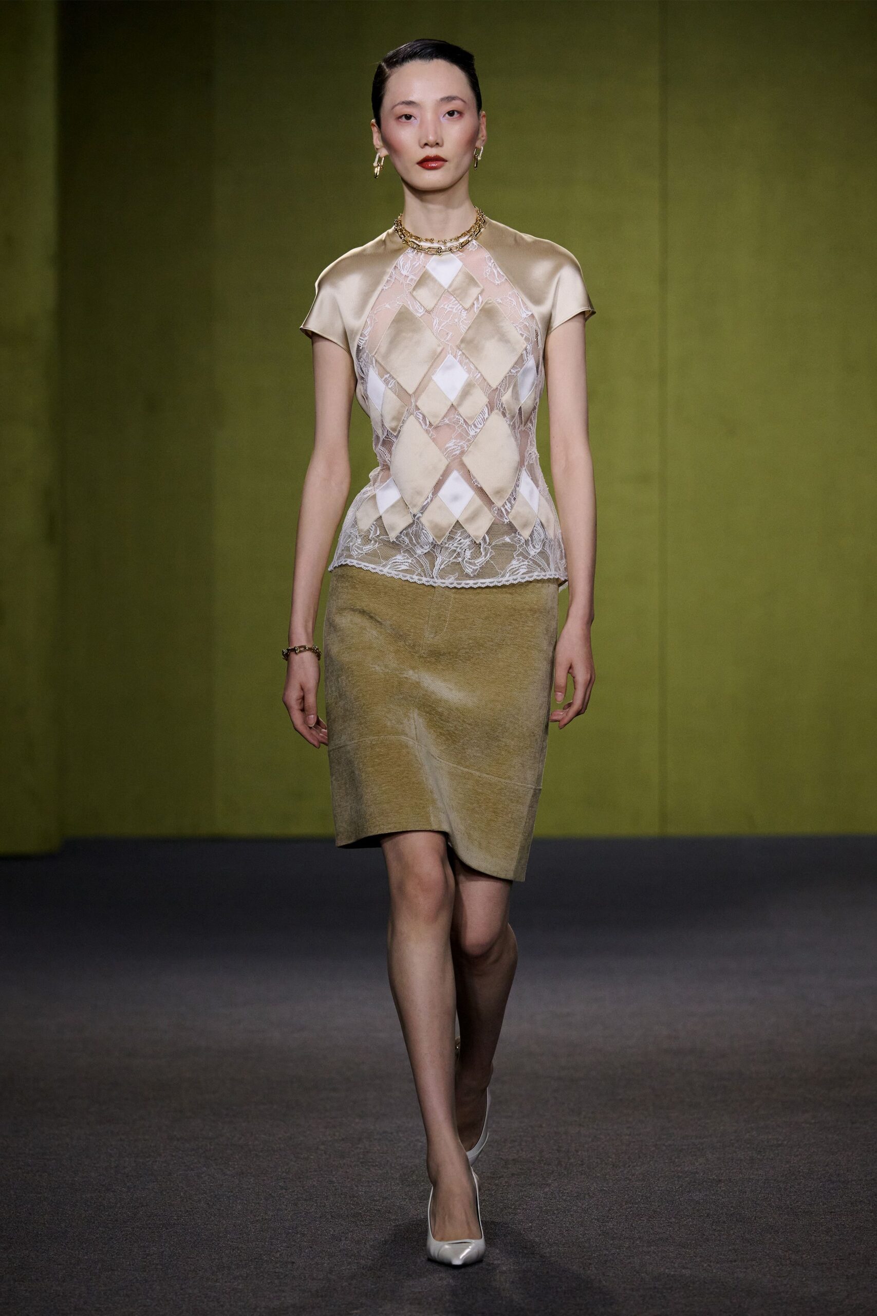 beige silk short-sleeve high-neck fitted embroidered top