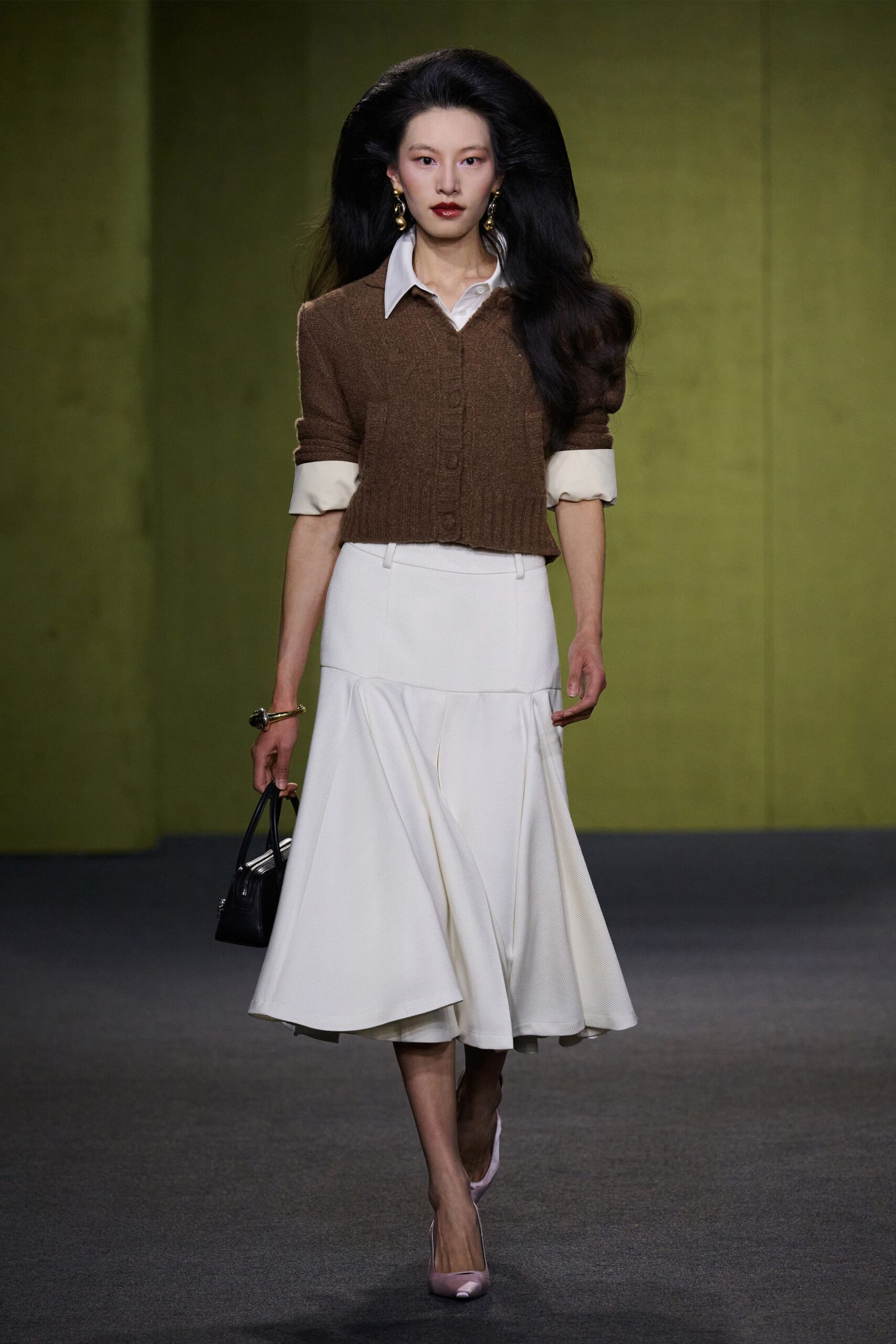 brown cardigan white shirt midi skirt