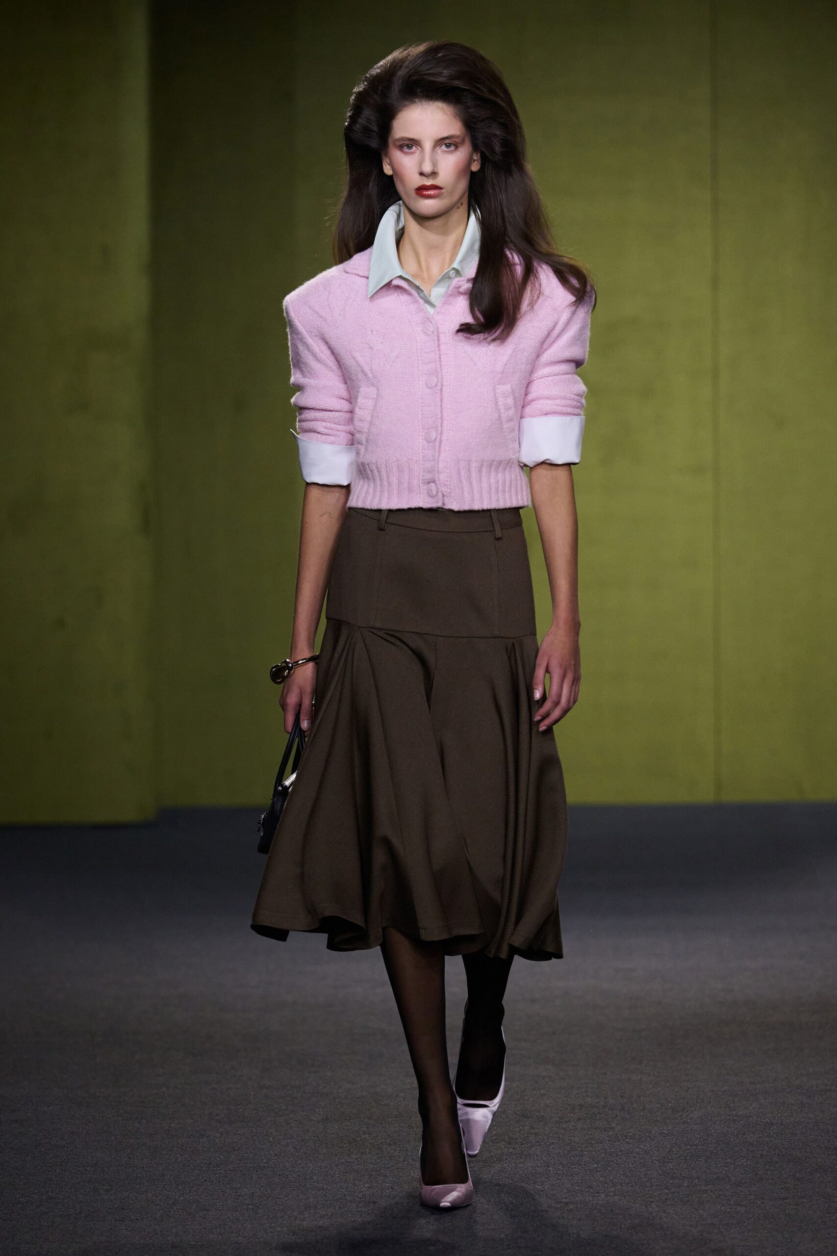 pink wool long-sleeve collared fitted buttoned cardigan