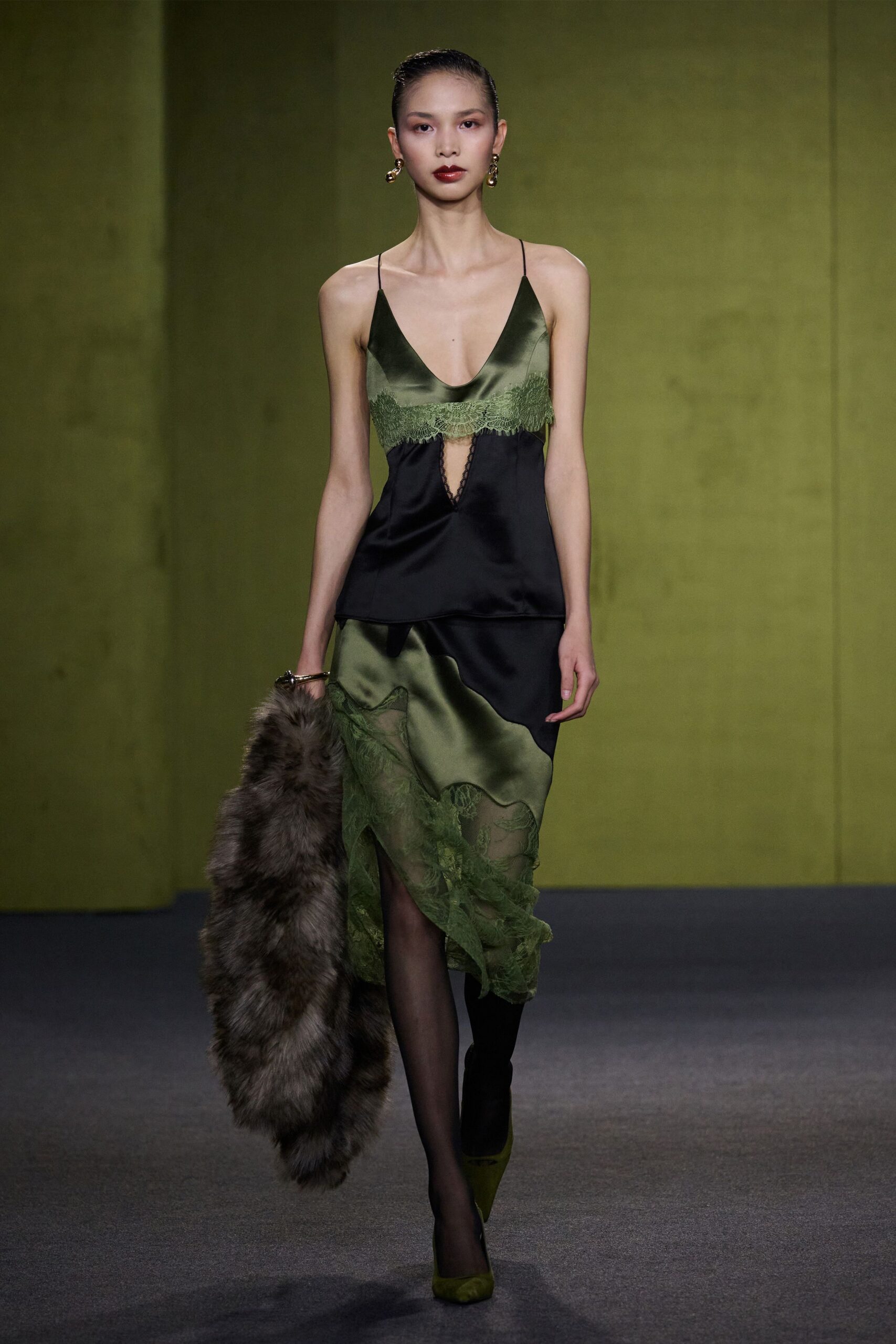 green silk sleeveless v-neck fitted layered ruffled dress