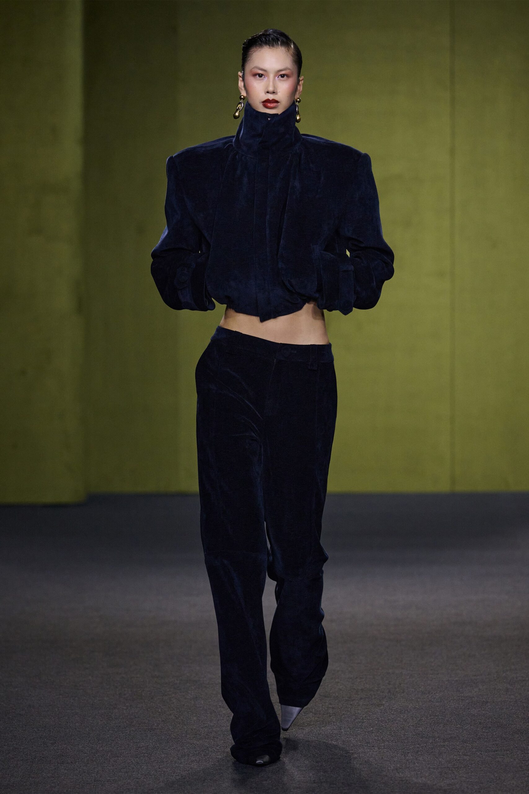 blue velvet long-sleeve high-neck fitted structured jacket