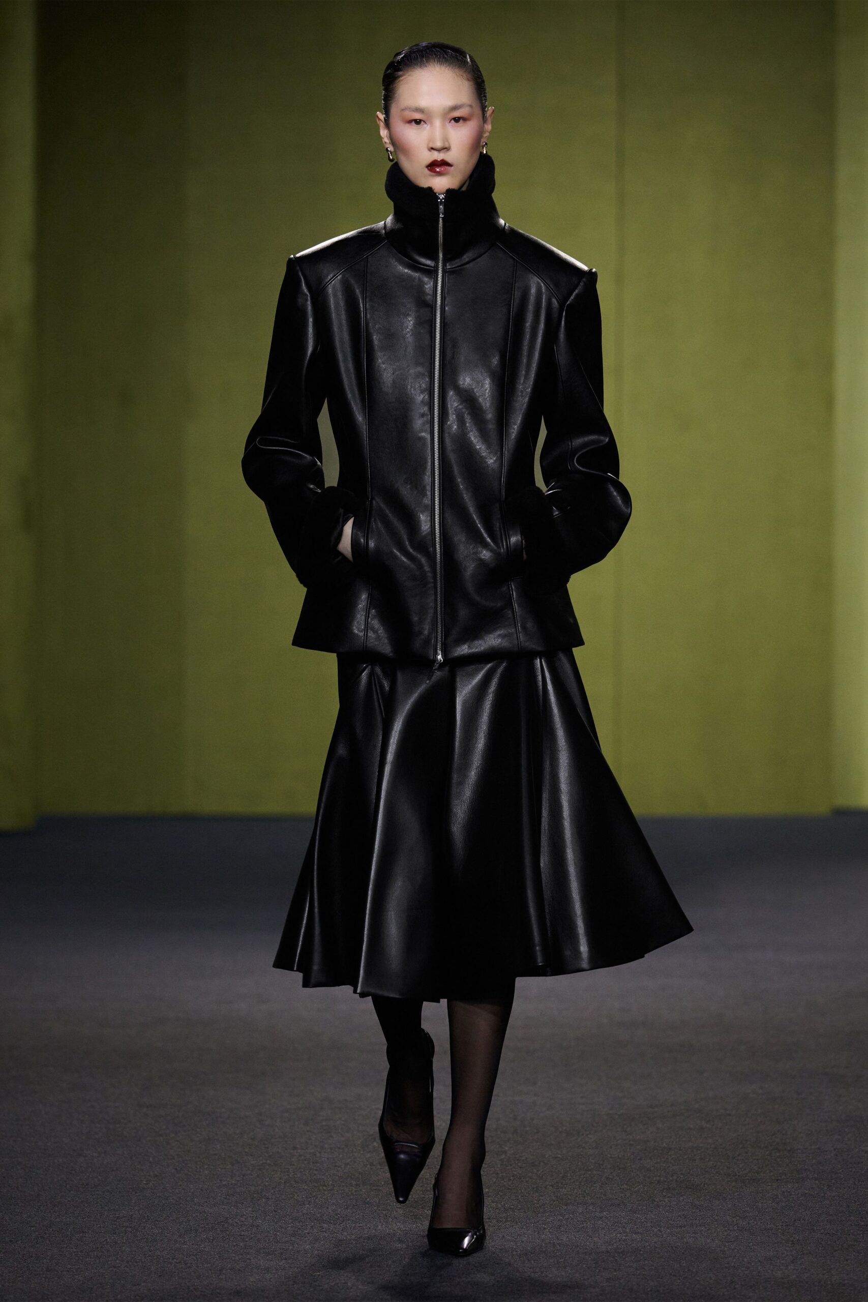 black leather fitted flared midi skirt