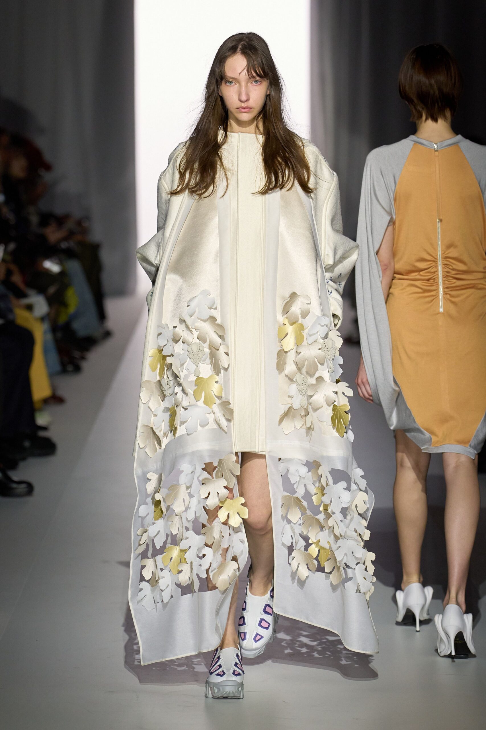 white silk long-sleeve collared relaxed layered embroidered dress