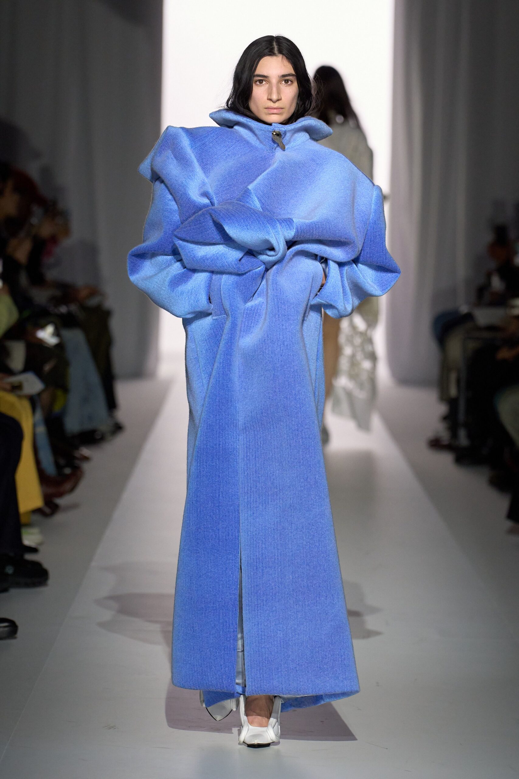 blue wool long-sleeve collared oversized draped maxi coat