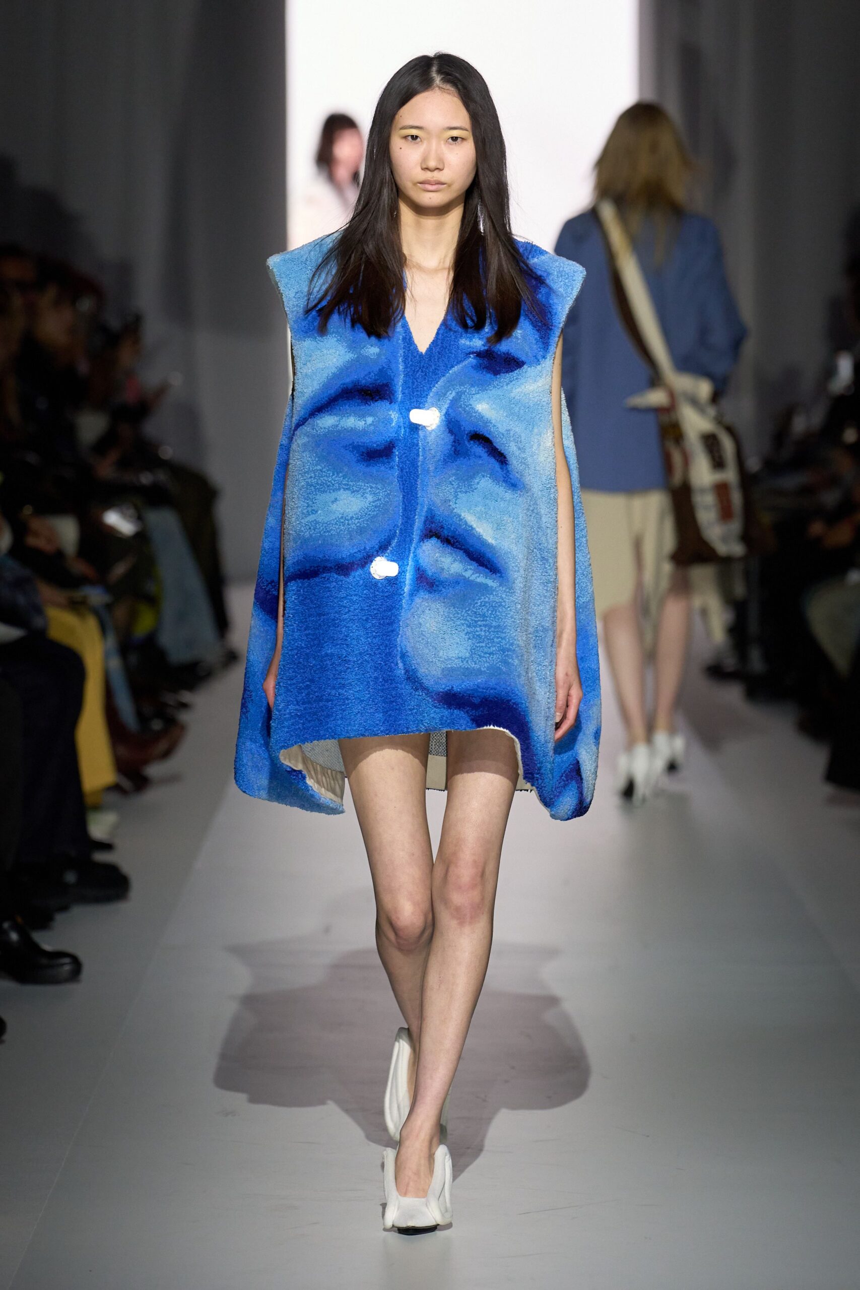 blue wool collared oversized printed cape
