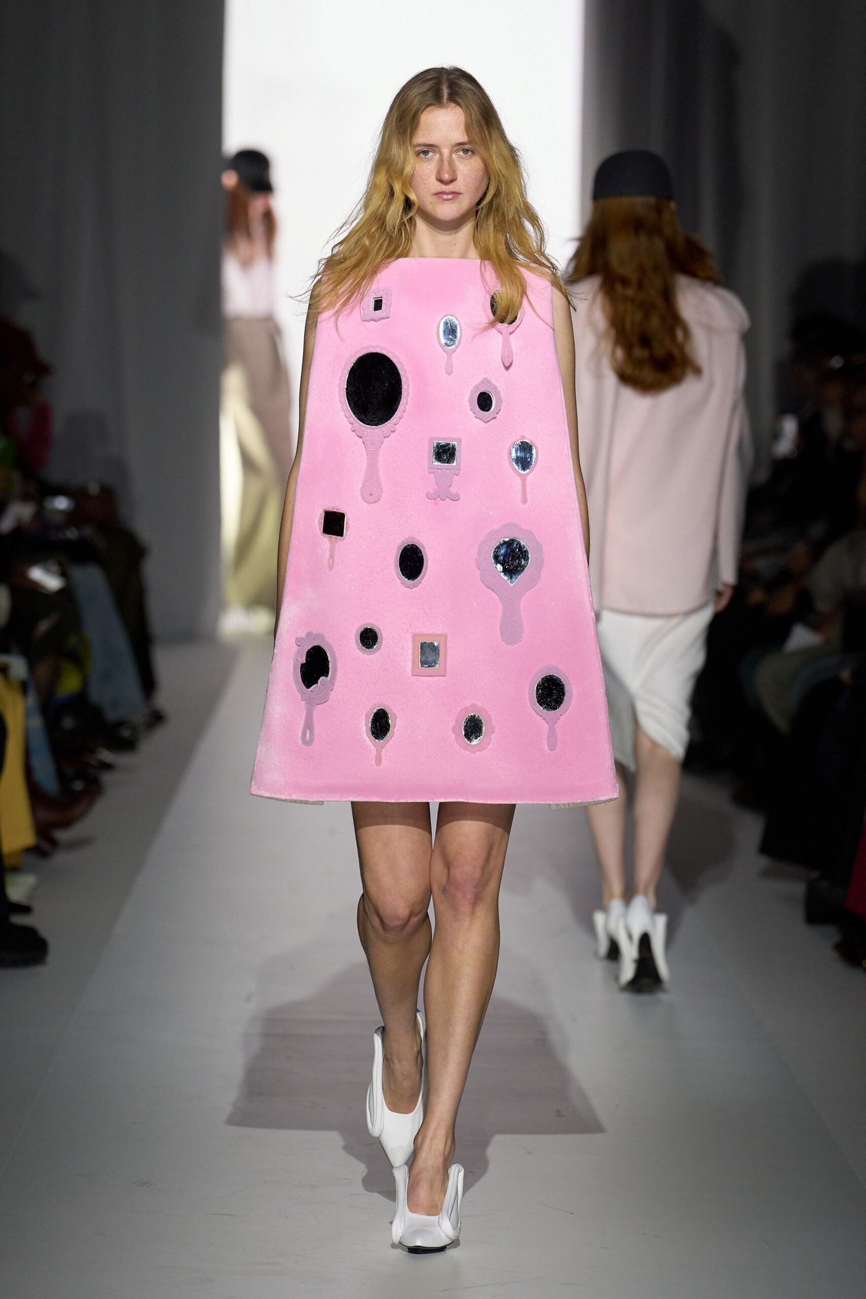 pink cotton sleeveless collared fitted embroidered a-line dress