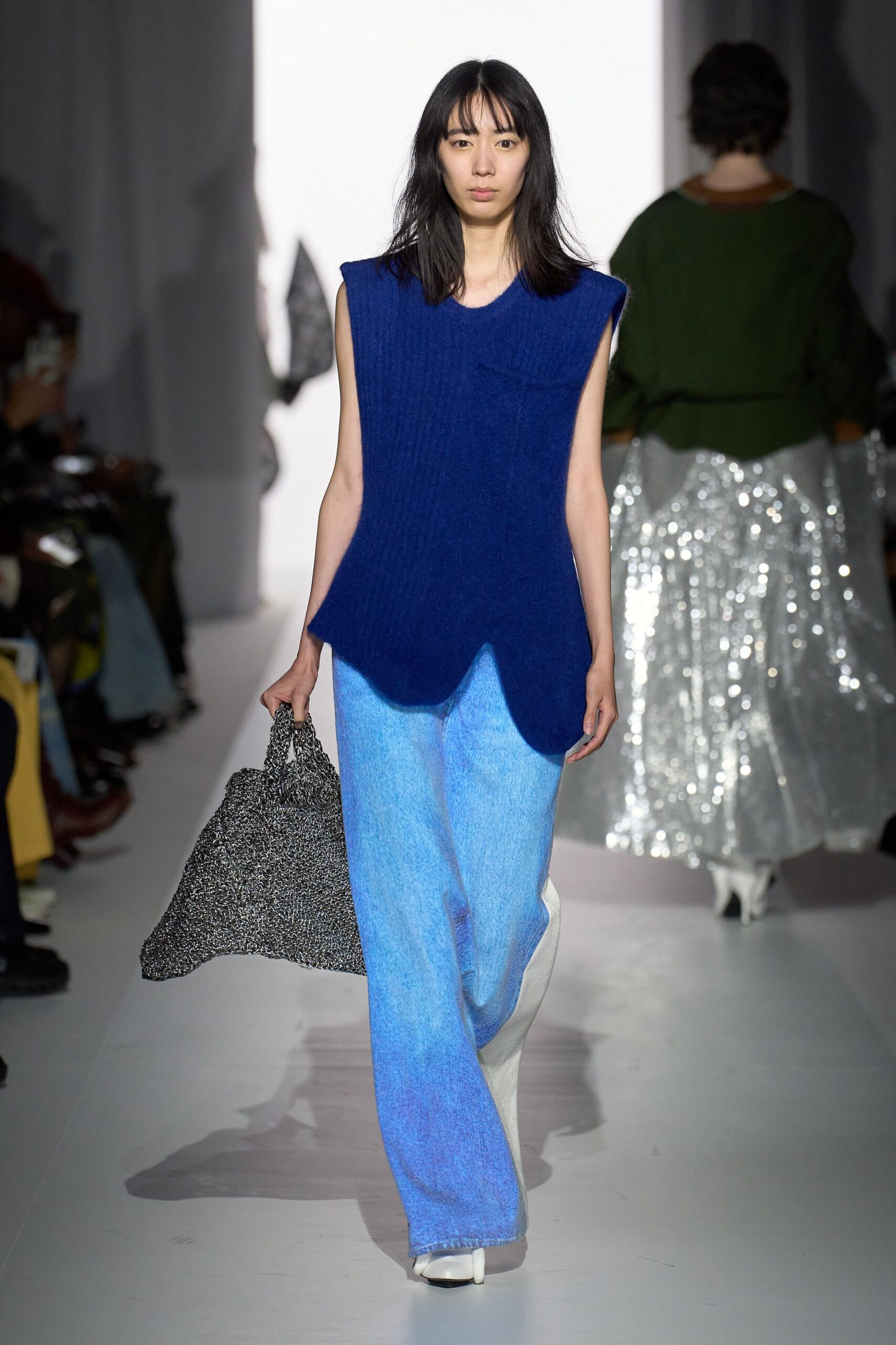 blue wool sleeveless high-neck relaxed draped top