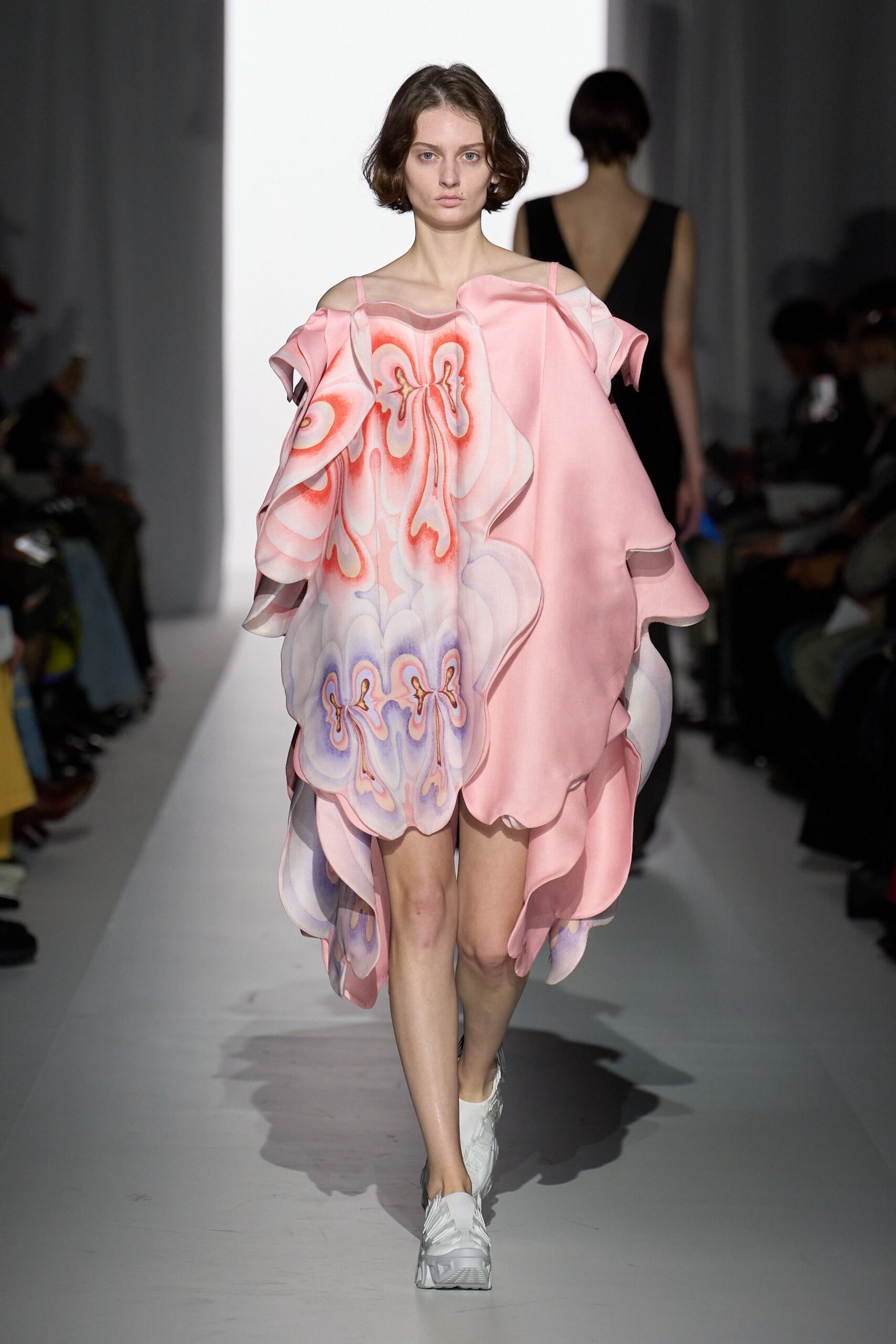 pink silk sleeveless asymmetric relaxed ruffled layered dress