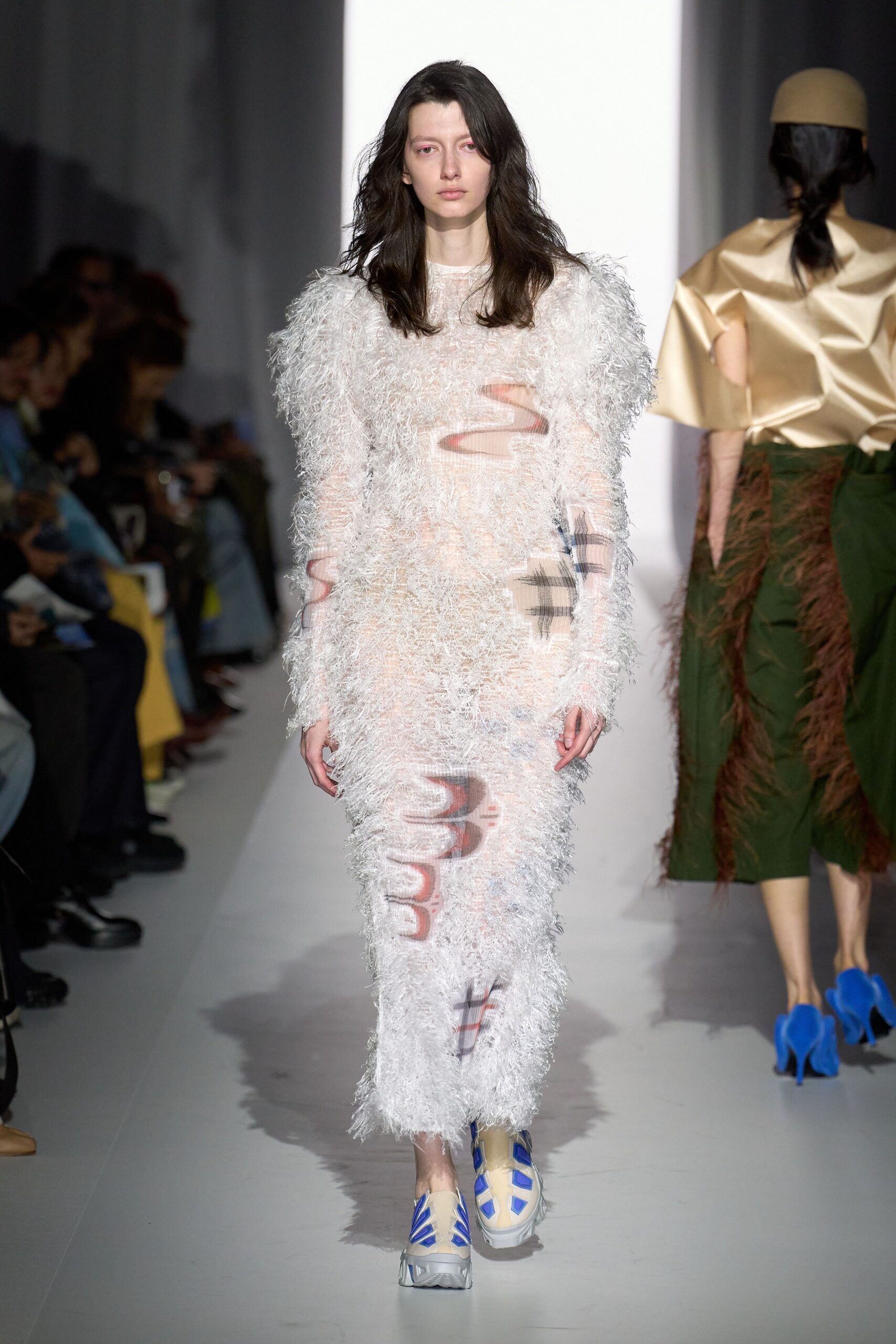 white fur long-sleeve v-neck fitted fringed sheer dress