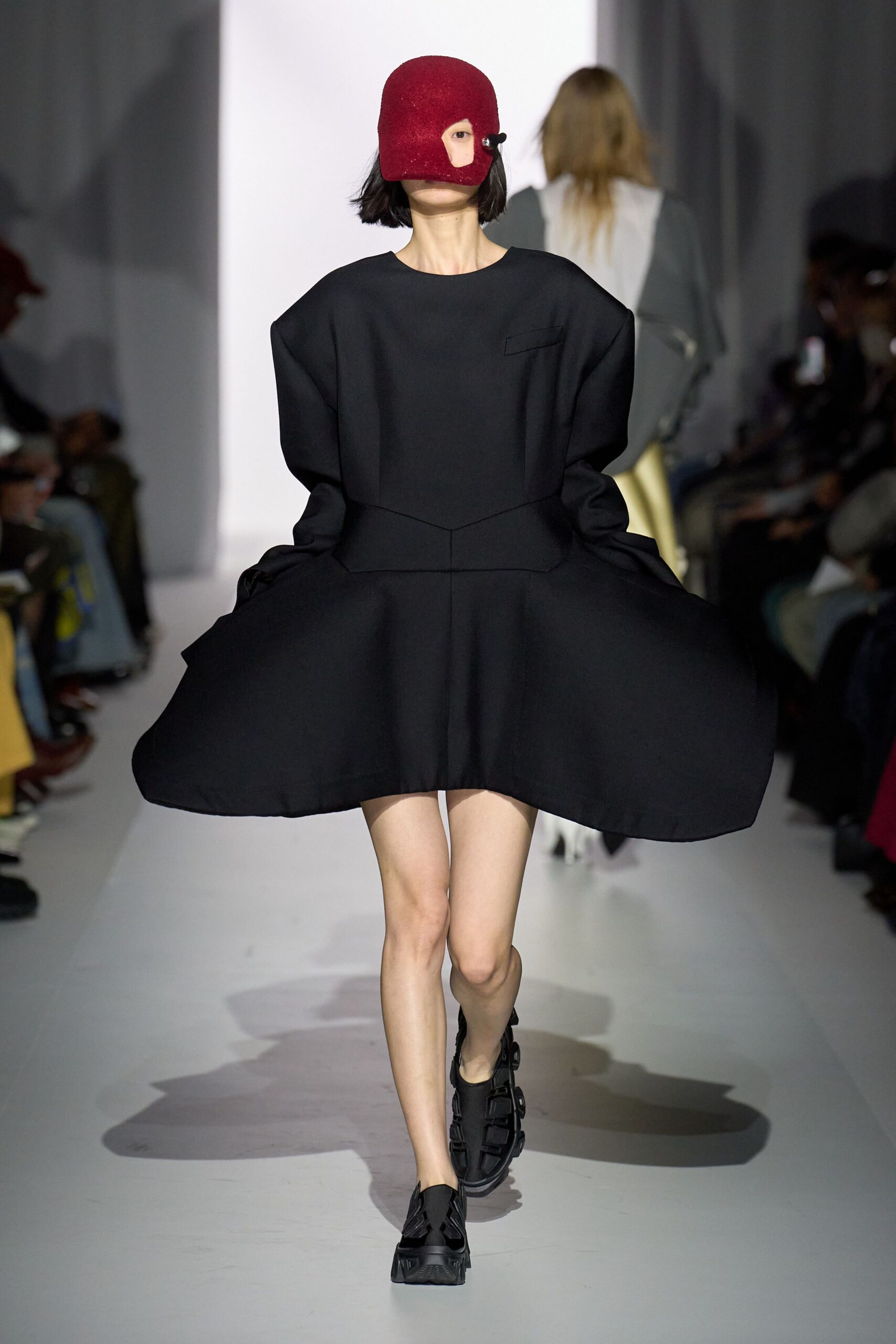 black cotton long-sleeve high-neck fitted flared mini dress