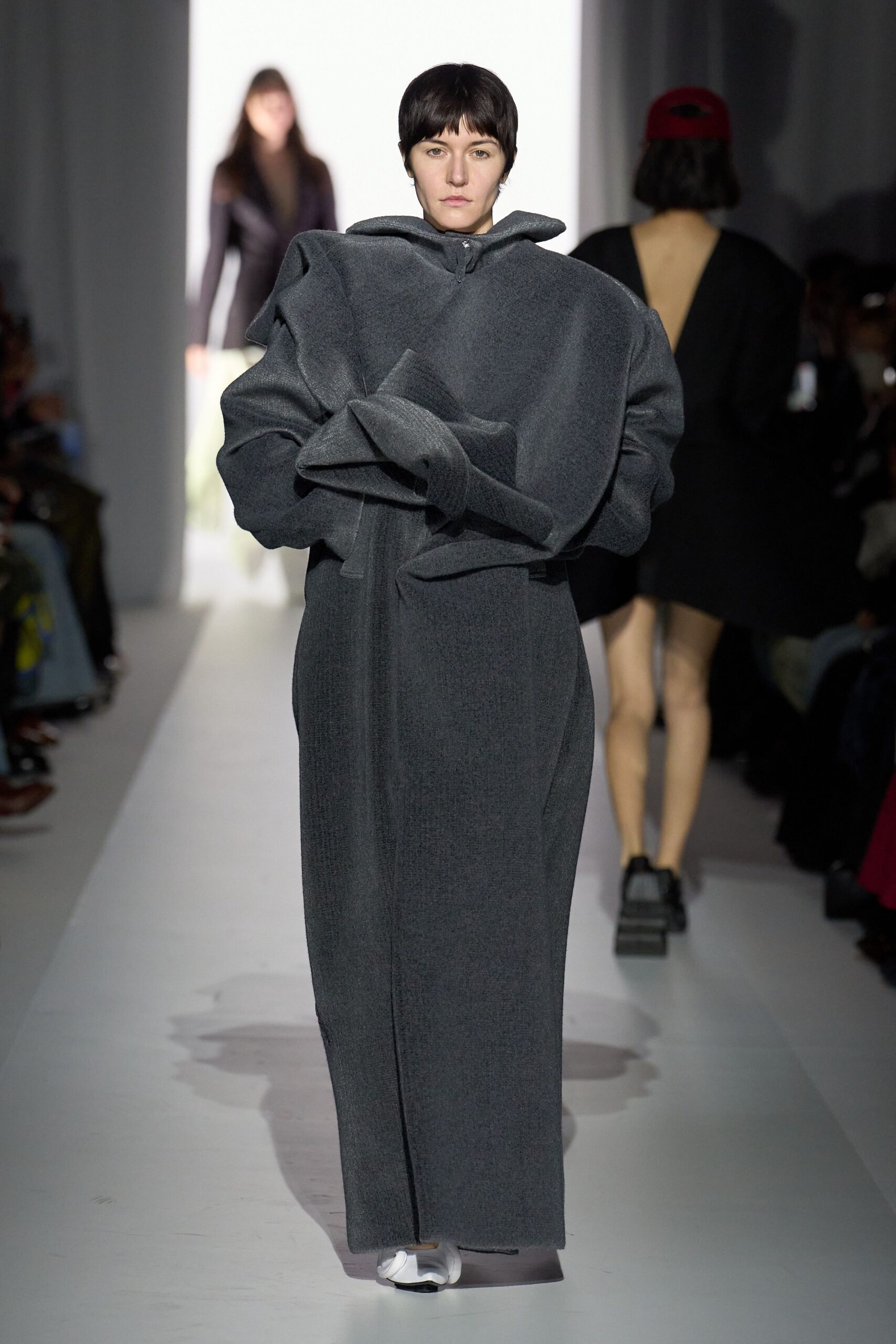 gray wool long-sleeve collared oversized draped maxi coat