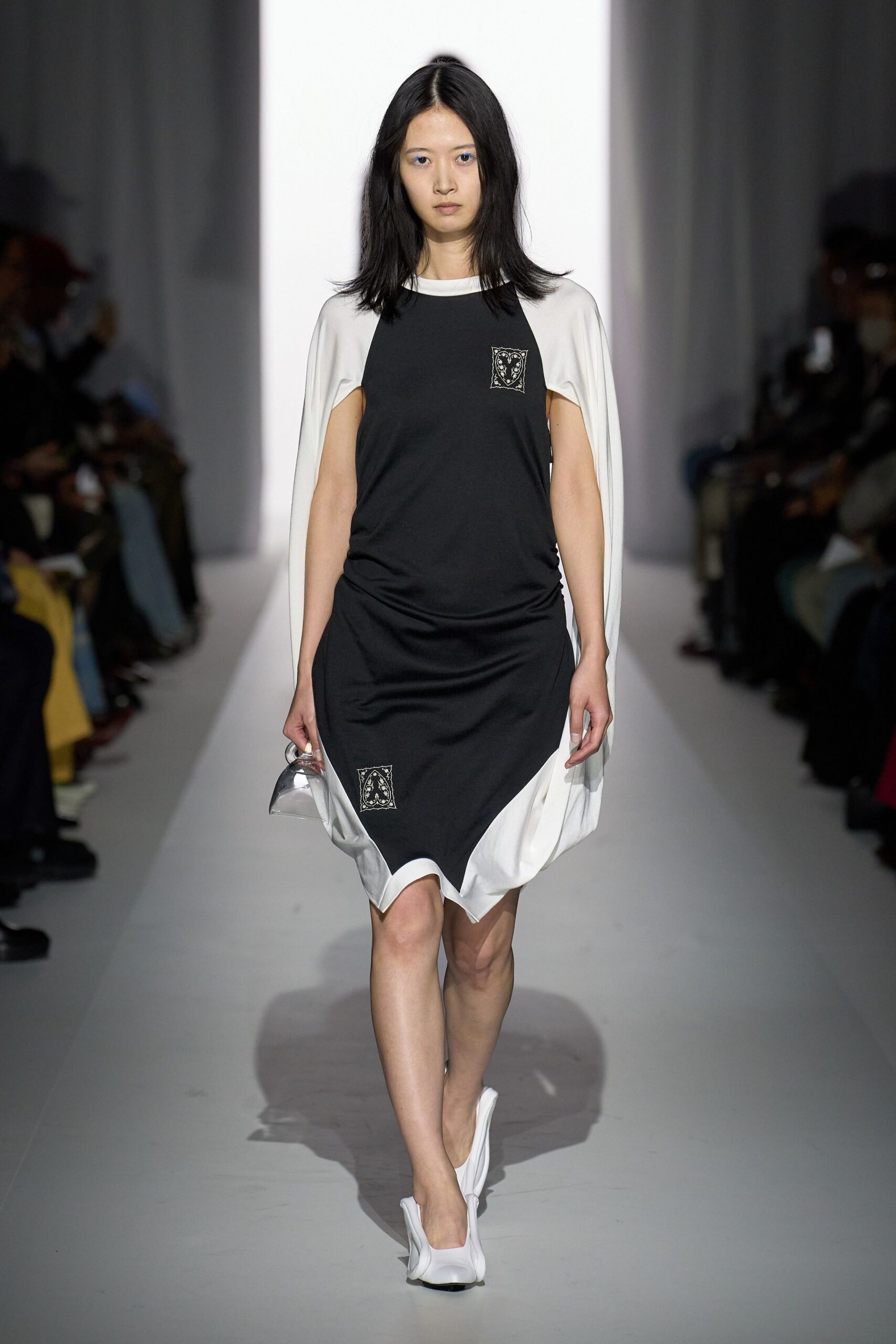 black cotton sleeveless high-neck fitted draped mini dress
