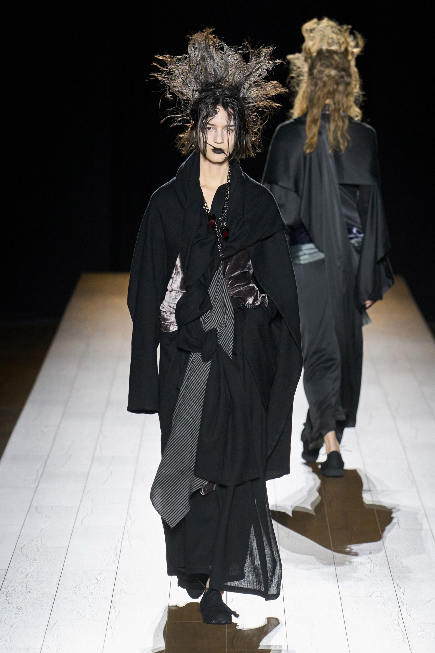 black cotton long-sleeve oversized draped coat