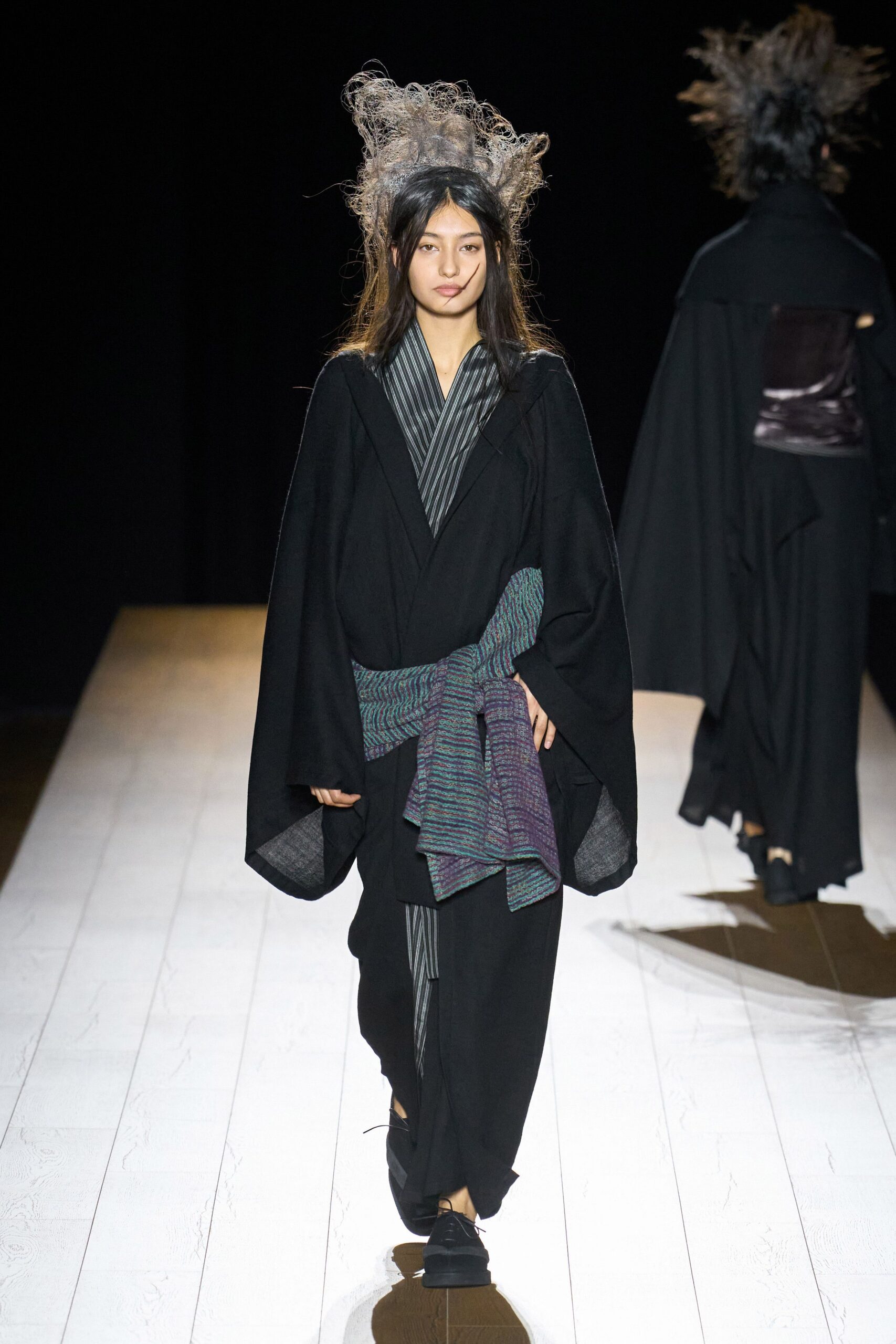 black relaxed coat with striped top