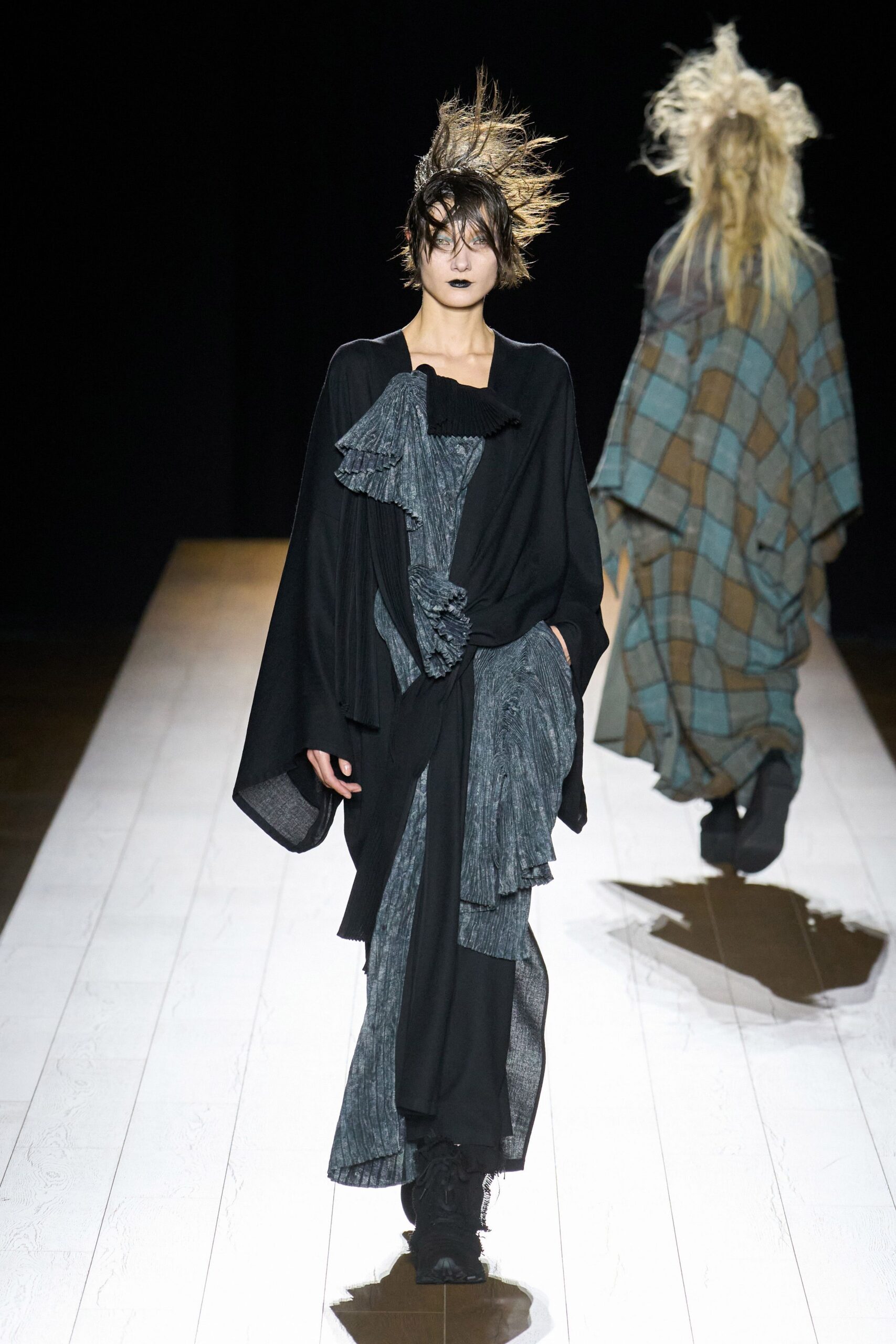 black cotton long-sleeve oversized draped cape