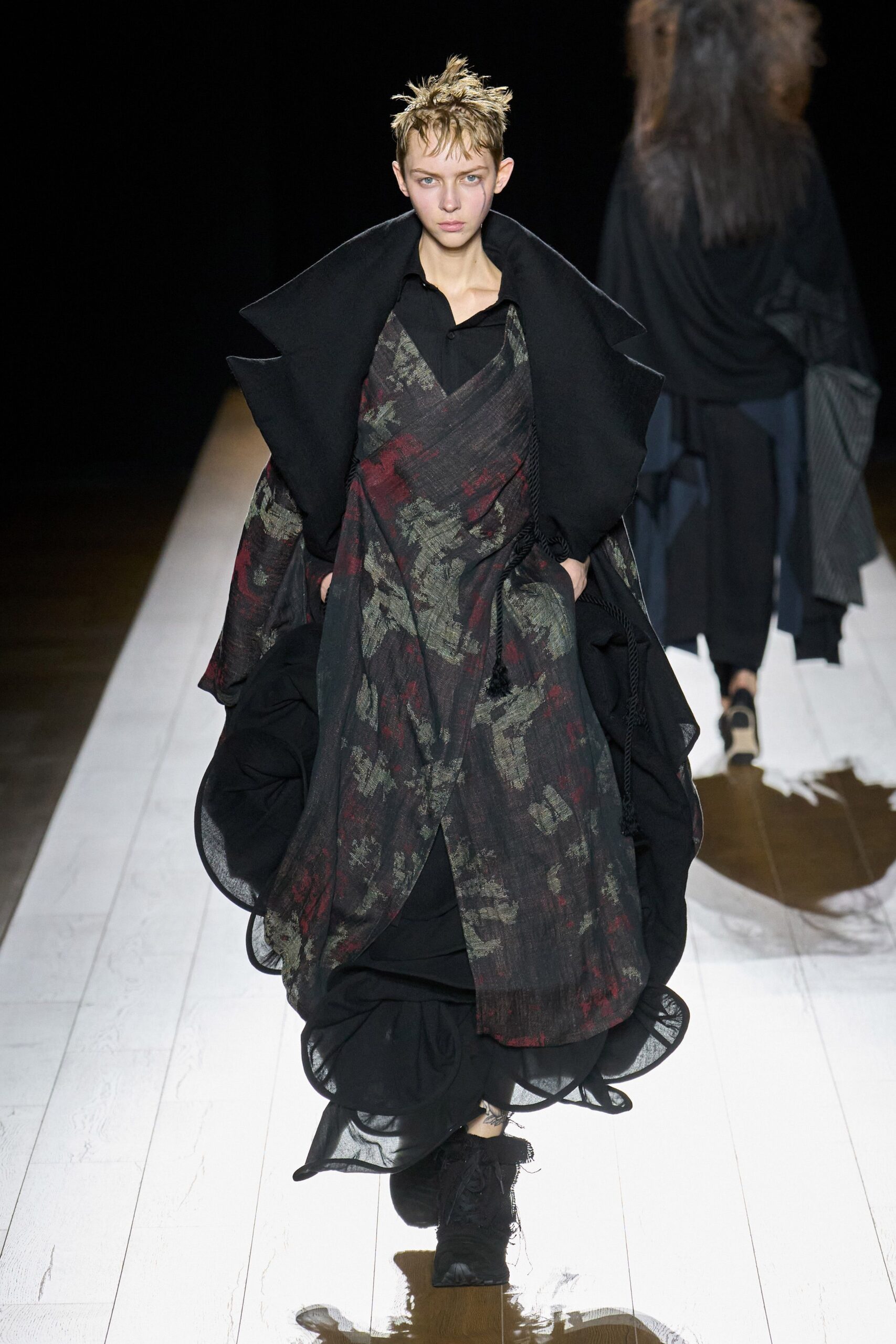 black silk long-sleeve v-neck relaxed layered flowing dress