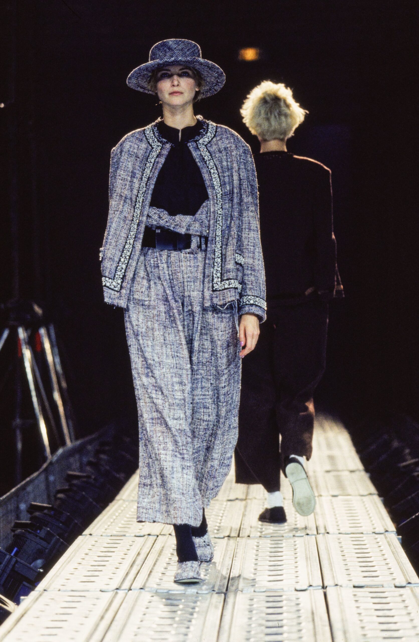 blue tweed long-sleeve collared tailored buttoned embroidered jacket