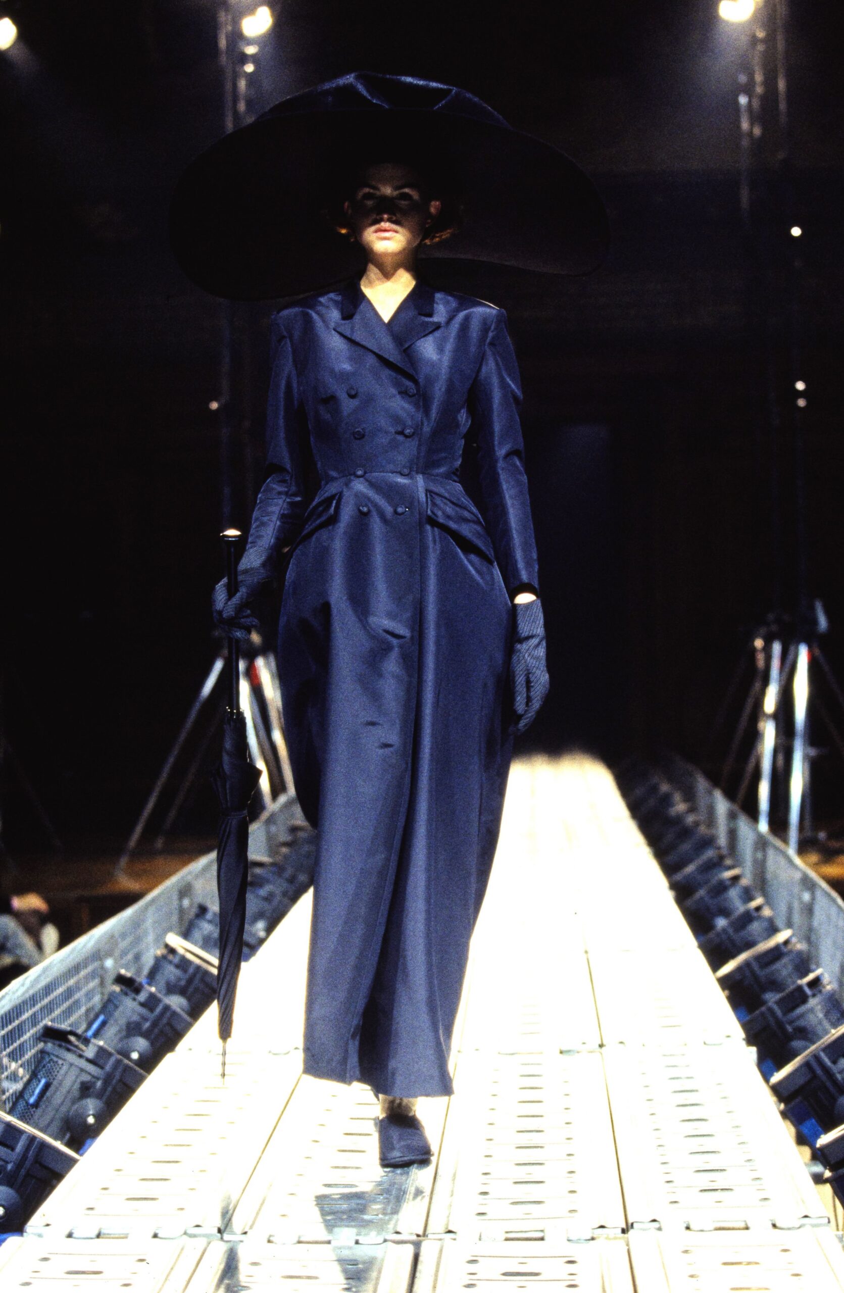 blue silk long-sleeve collared fitted belted maxi gown