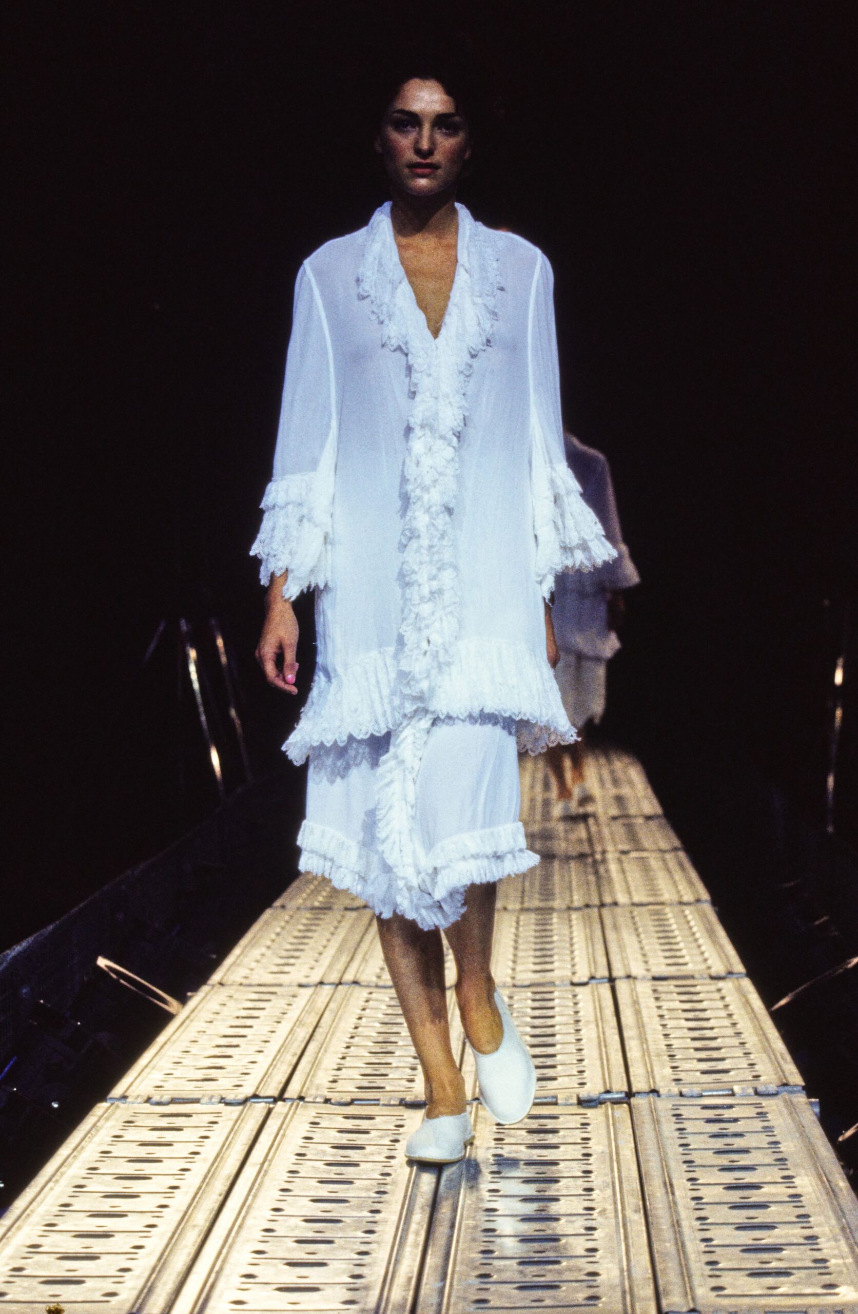 white chiffon long-sleeve collared relaxed ruffled sheer dress