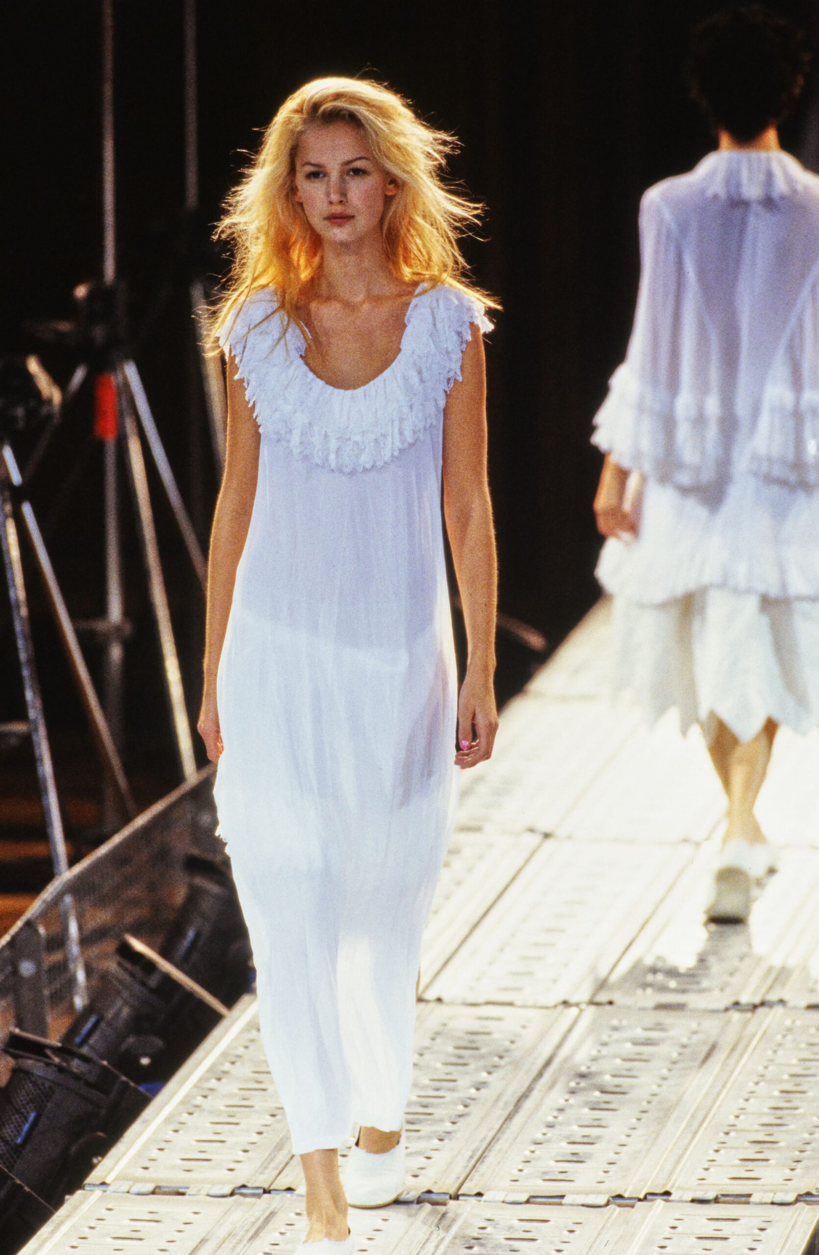 white cotton sleeveless v-neck relaxed ruffled flowing dress