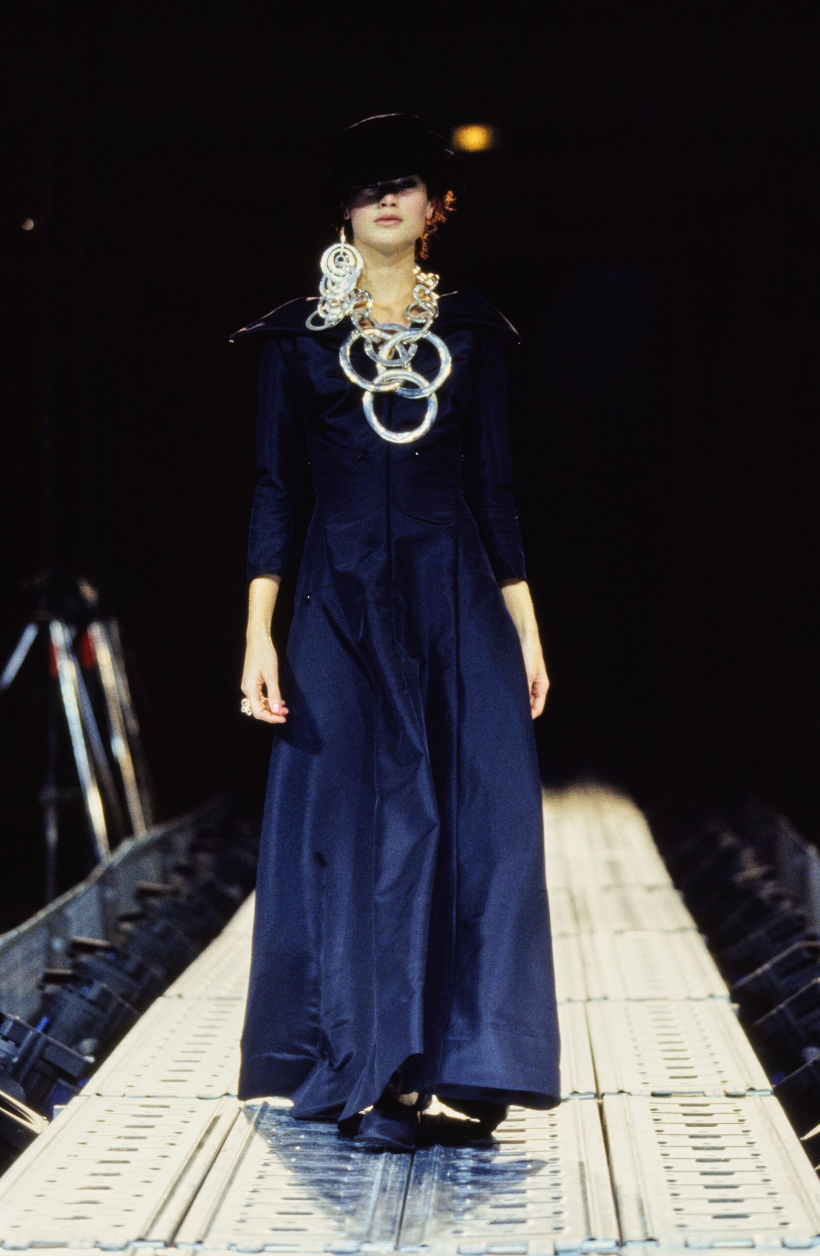 black silk long-sleeve collared fitted layered maxi gown