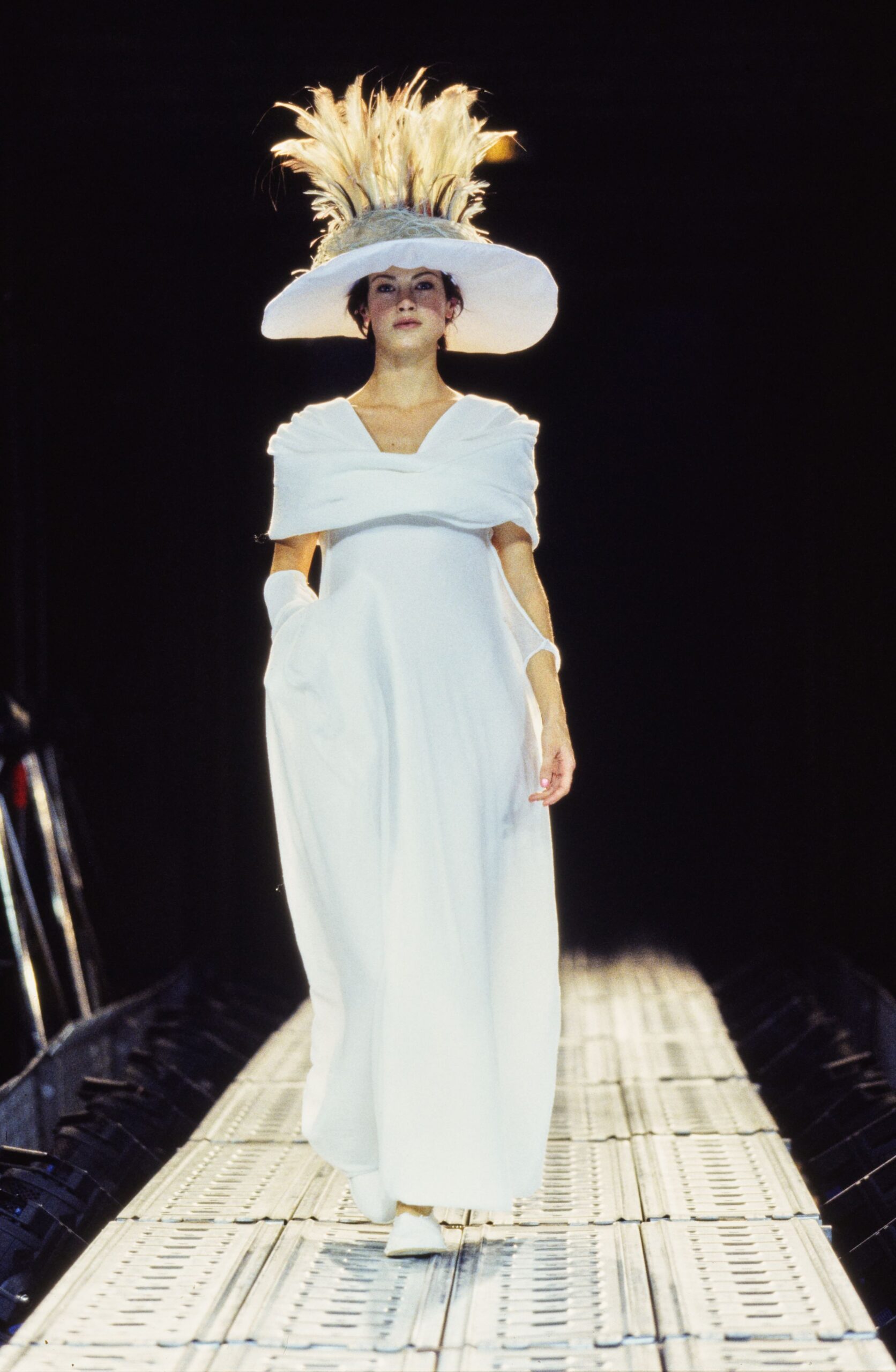white silk short-sleeve v-neck relaxed draped flowing gown