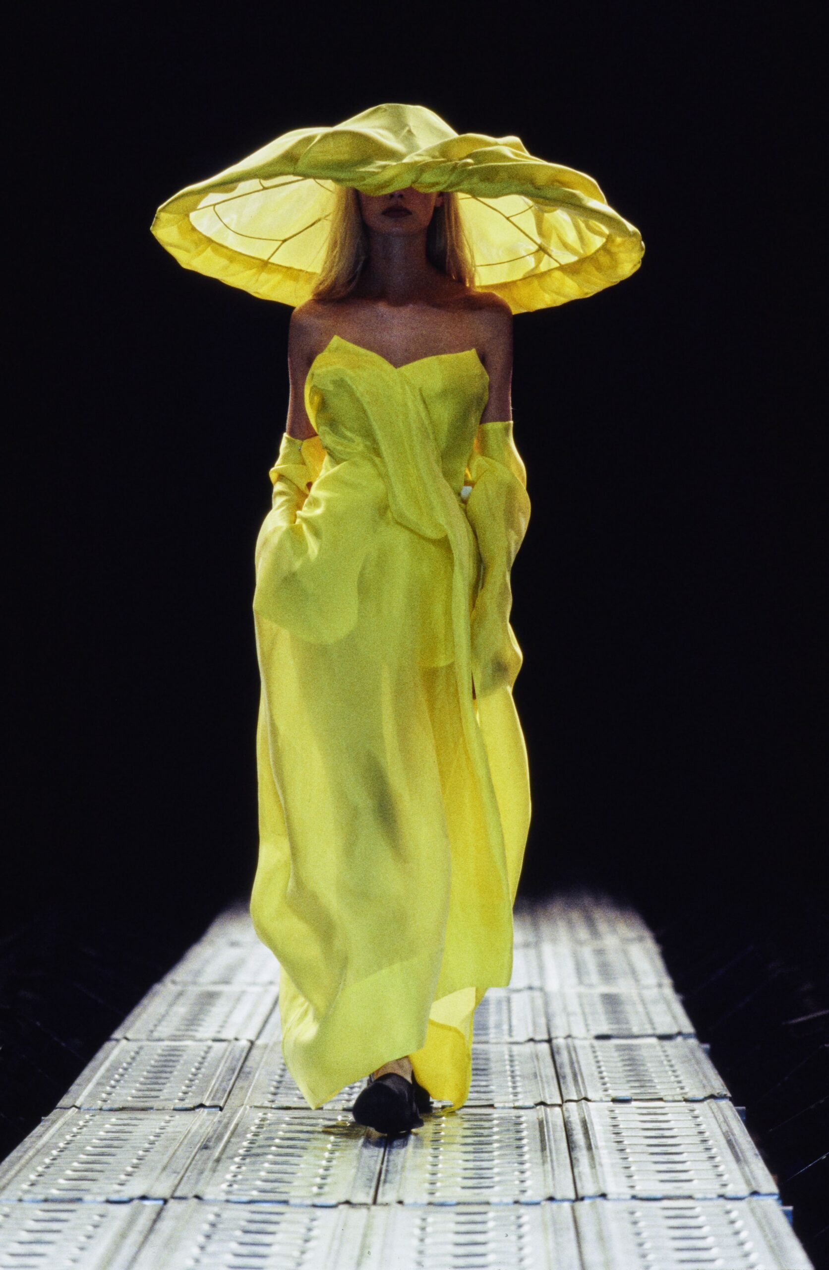 yellow chiffon strapless fitted draped flowing maxi gown