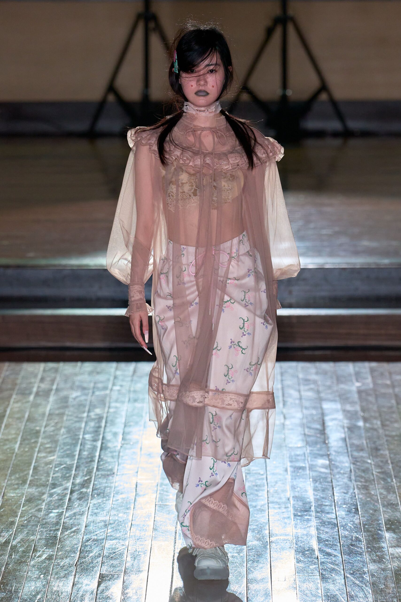 beige silk long-sleeve v-neck fitted layered embroidered gown