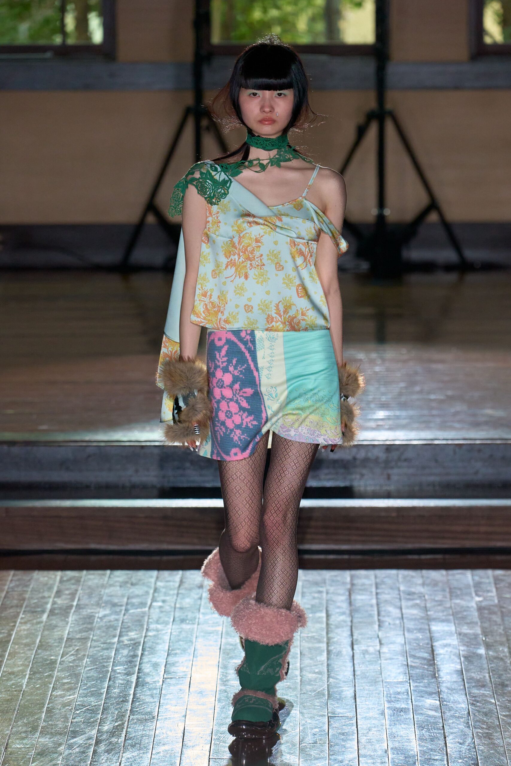 green cotton sleeveless off-shoulder fitted floral layered top
