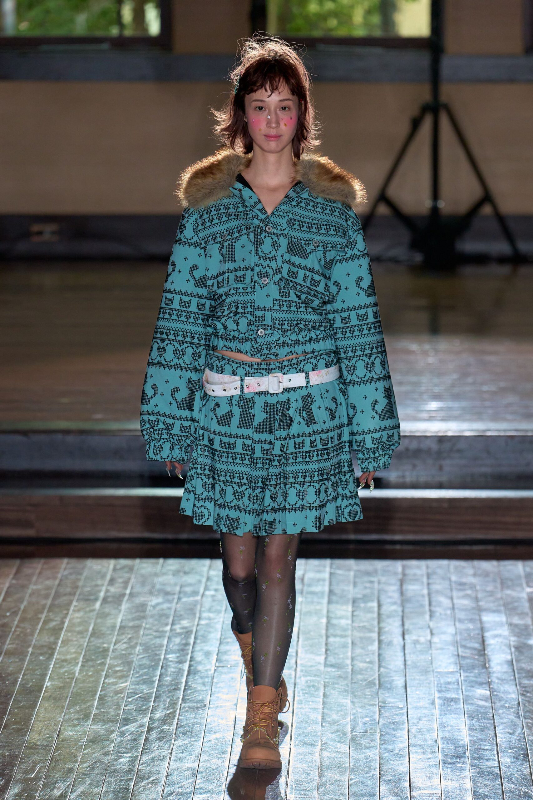 blue cotton long-sleeve collared relaxed printed tiered dress