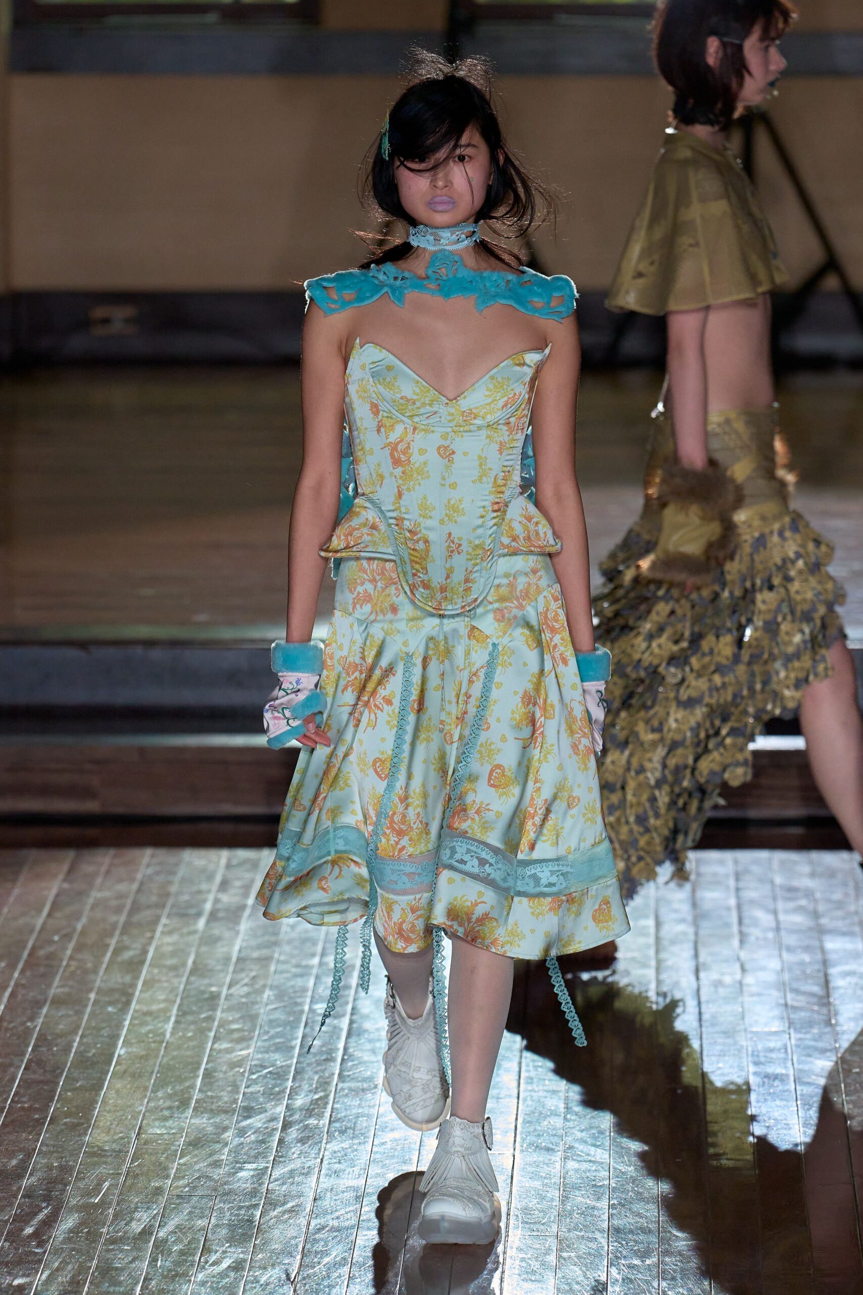blue cotton sleeveless v-neck fitted floral pleated dress