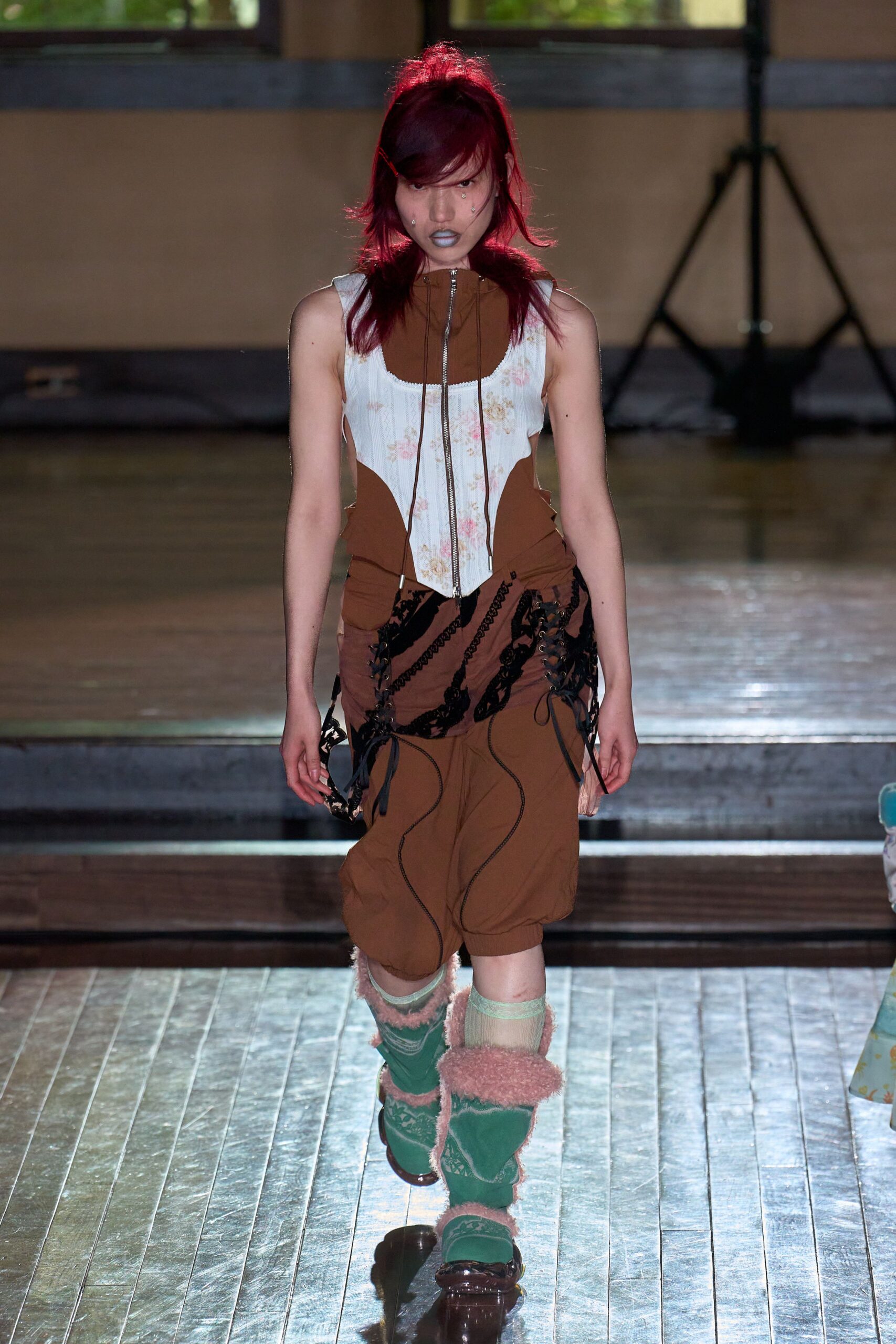 brown cotton sleeveless high-neck fitted layered flared dress