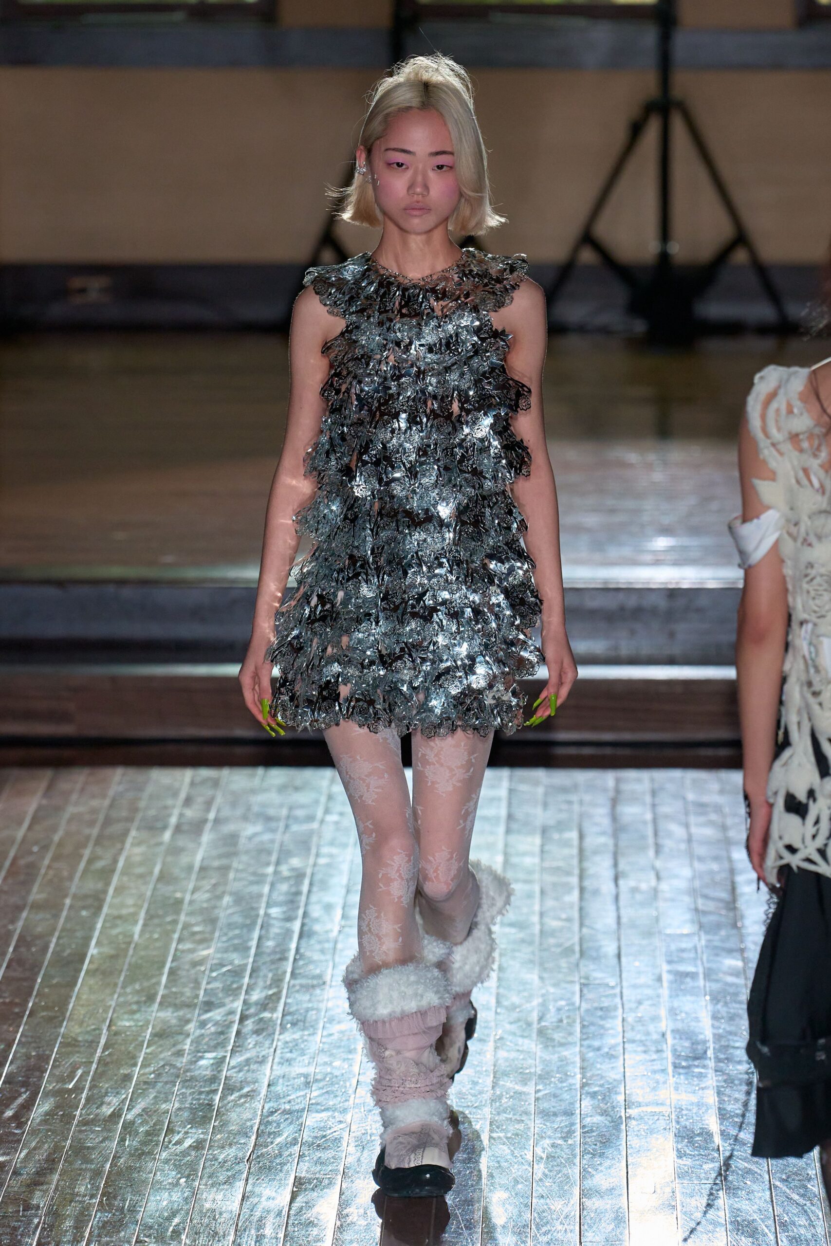 gray metallic sleeveless high-neck fitted ruffled shiny dress