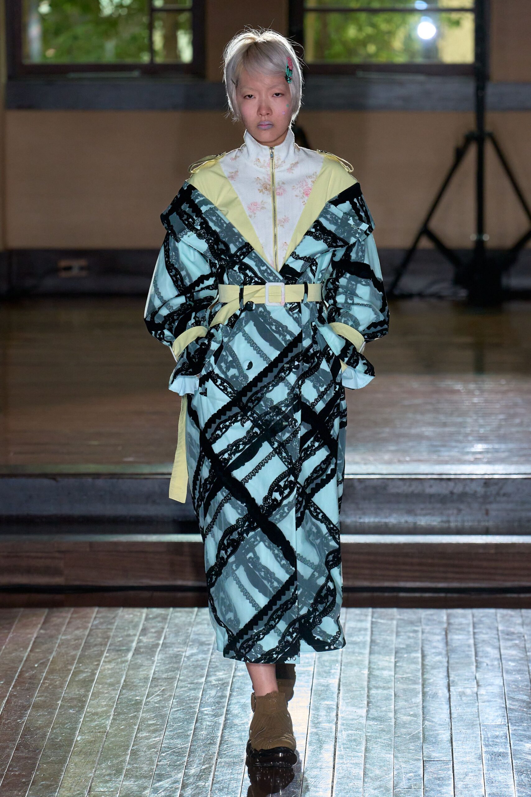 blue printed belted coat