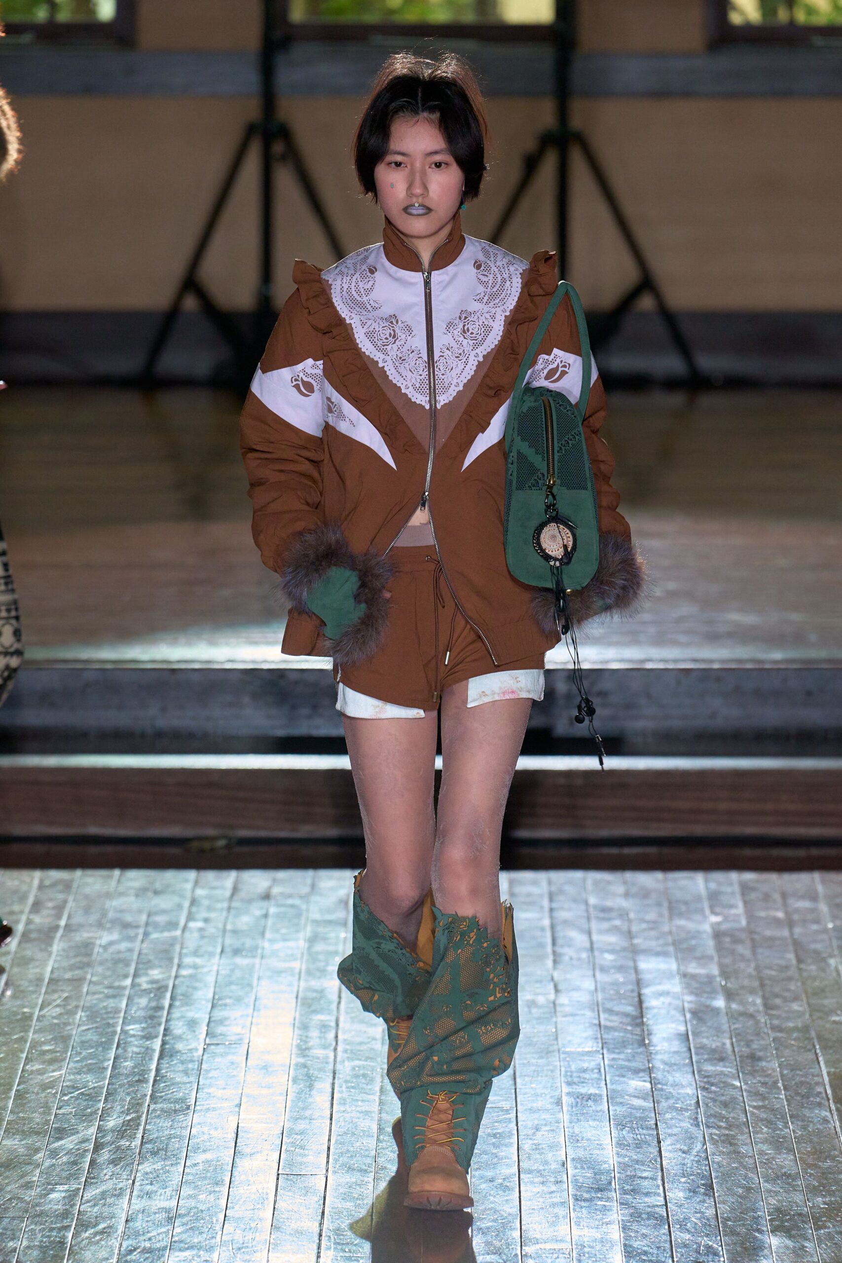 brown cotton long-sleeve collared relaxed ruffled jacket