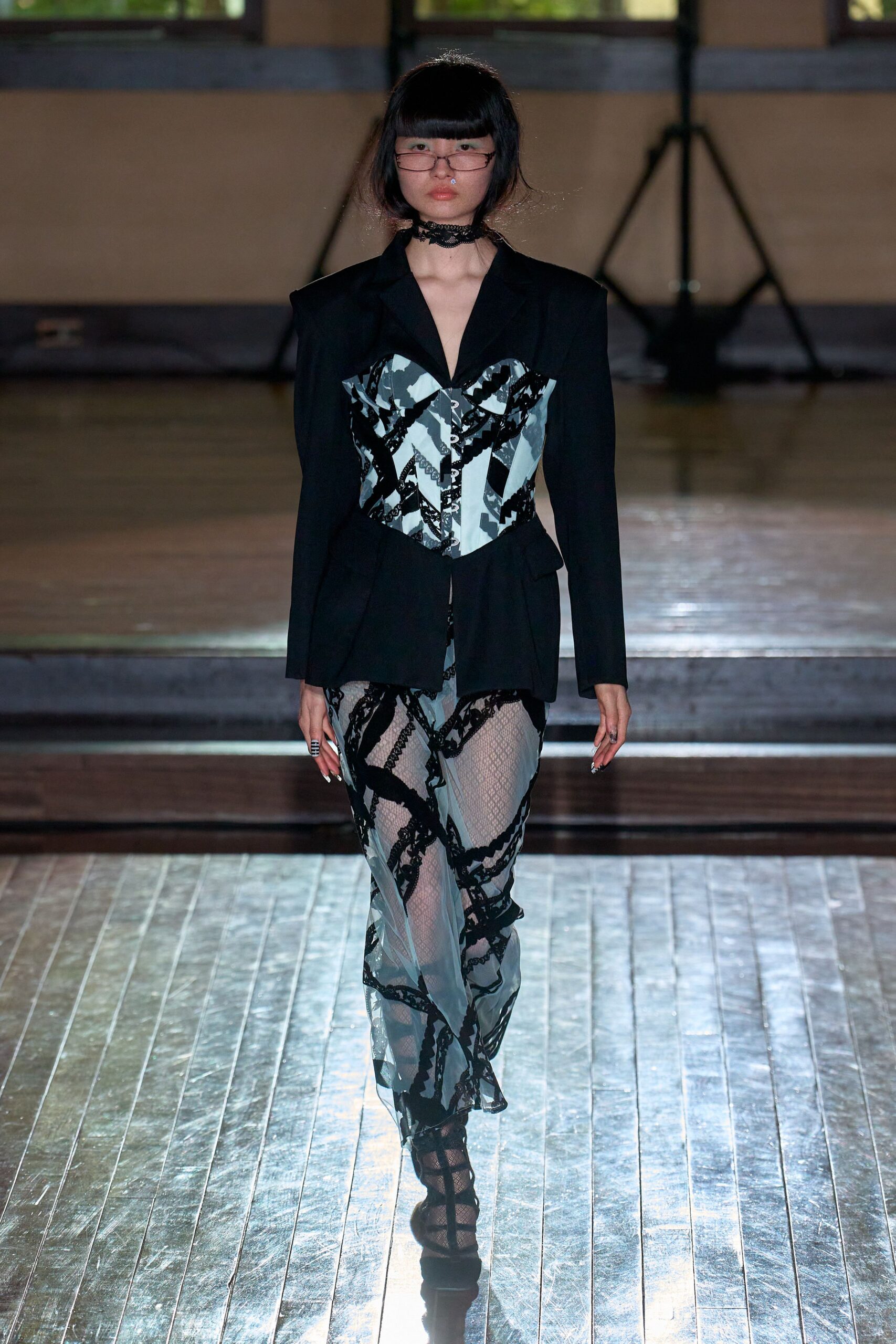 black mesh long-sleeve fitted sheer pants