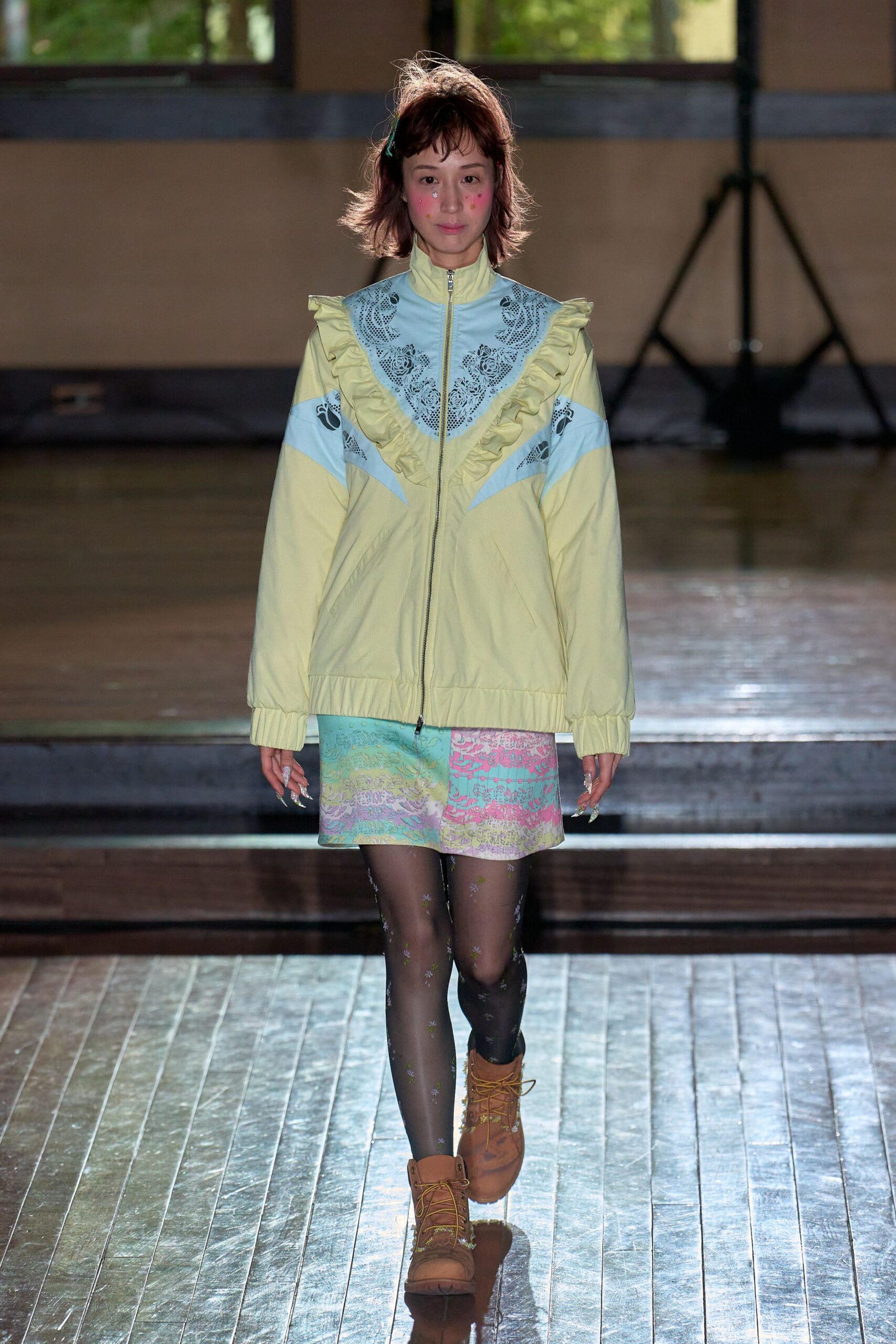 yellow cotton long-sleeve collared relaxed ruffled embroidered jacket