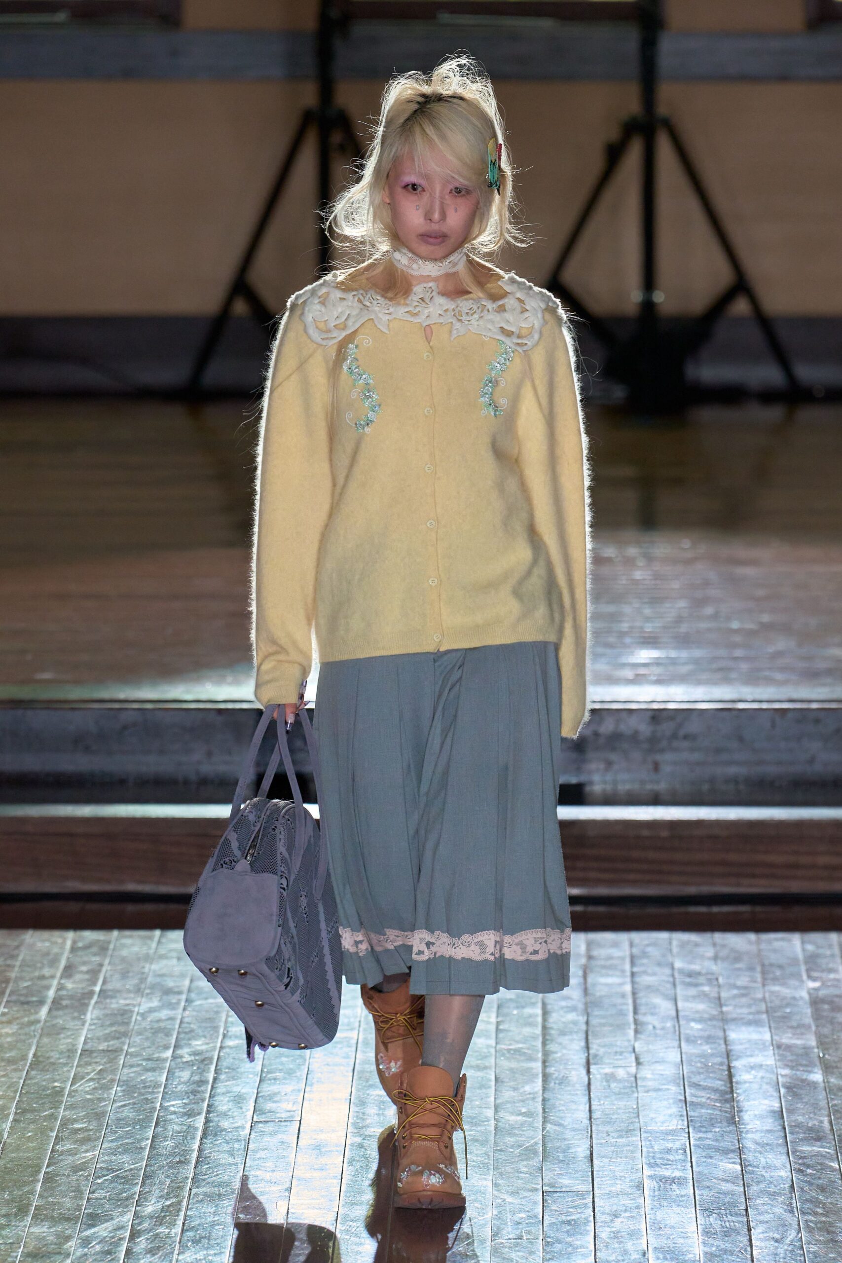 yellow wool long-sleeve collared relaxed embroidered cardigan