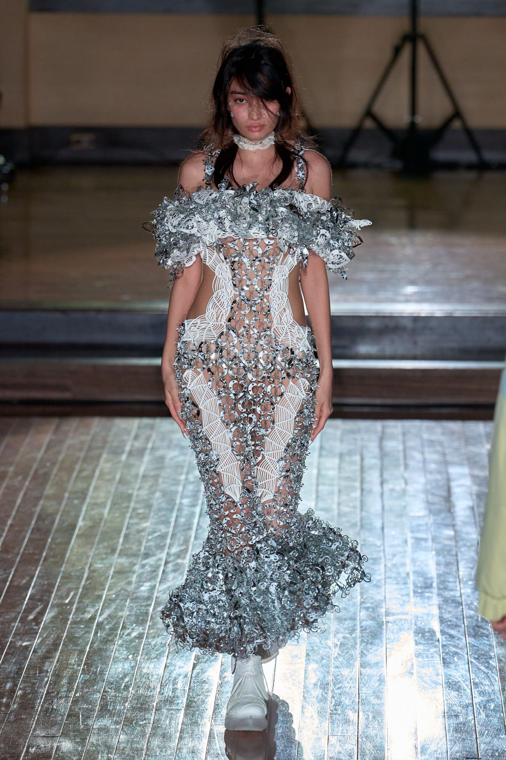 gray mesh sleeveless off-shoulder fitted layered embellished gown