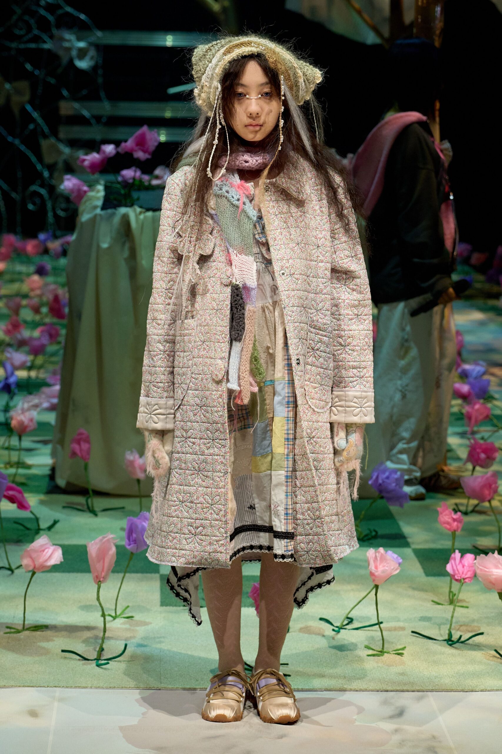 multi cotton long-sleeve collared relaxed embroidered midi coat