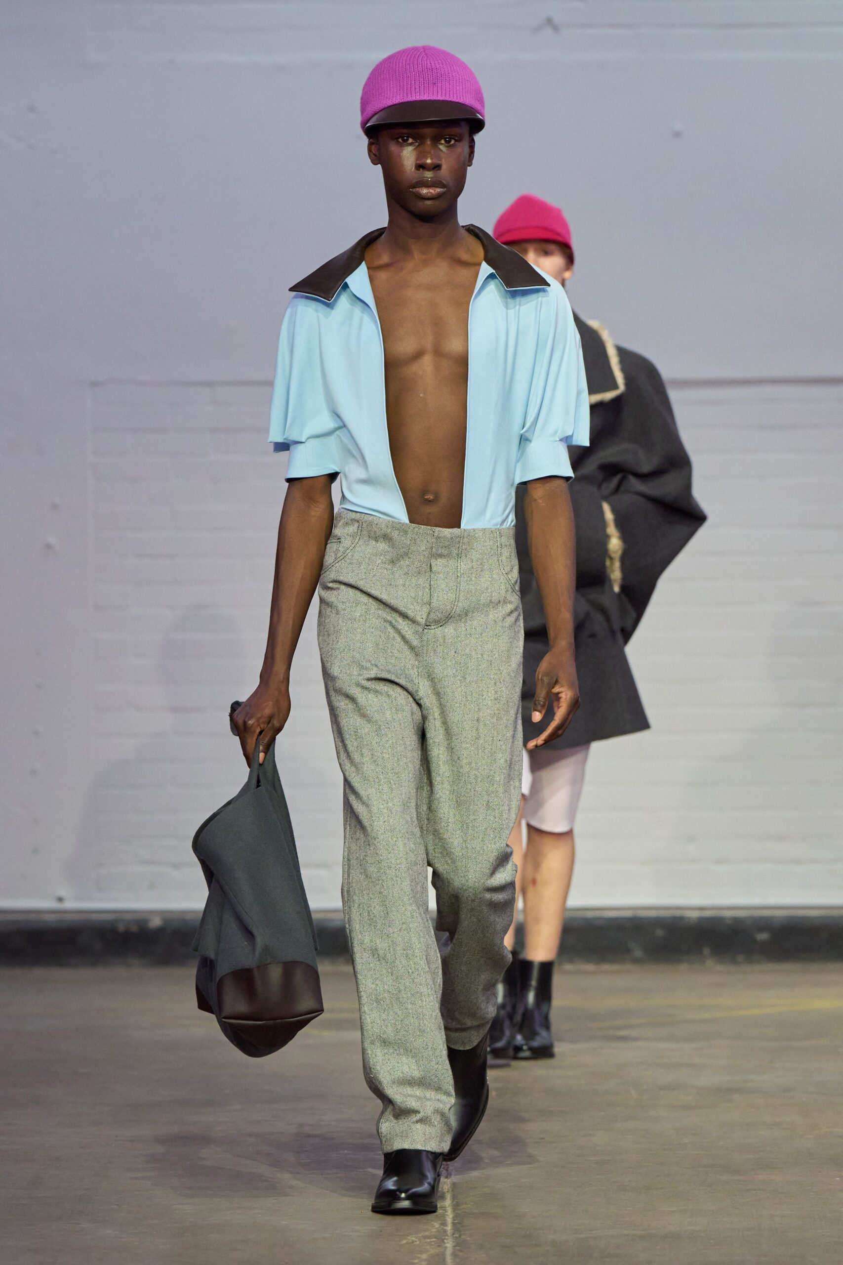 gray wool tailored straight-leg pants